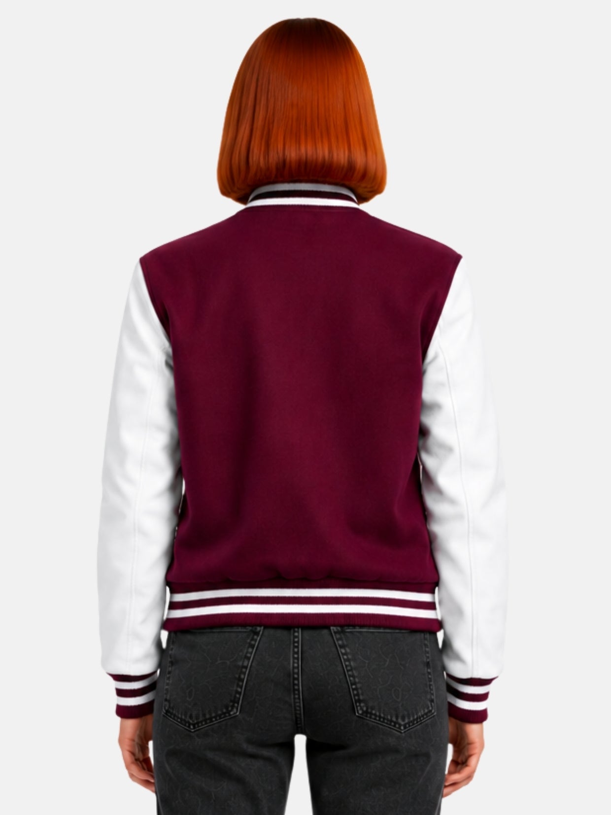 Back view of womens burgundy varsity jacket with white sleeves and clean back panel