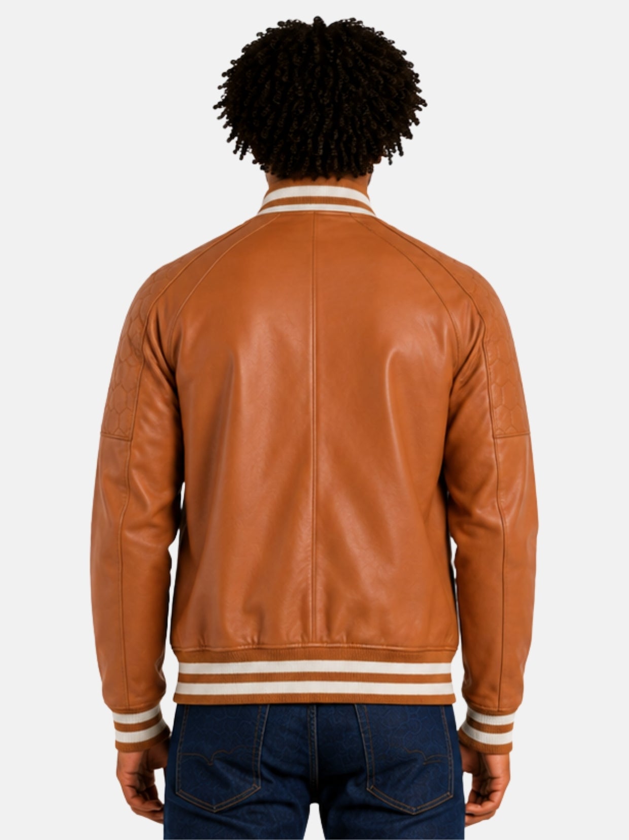 Model showing back of camel leather letterman jacket with raglan seams