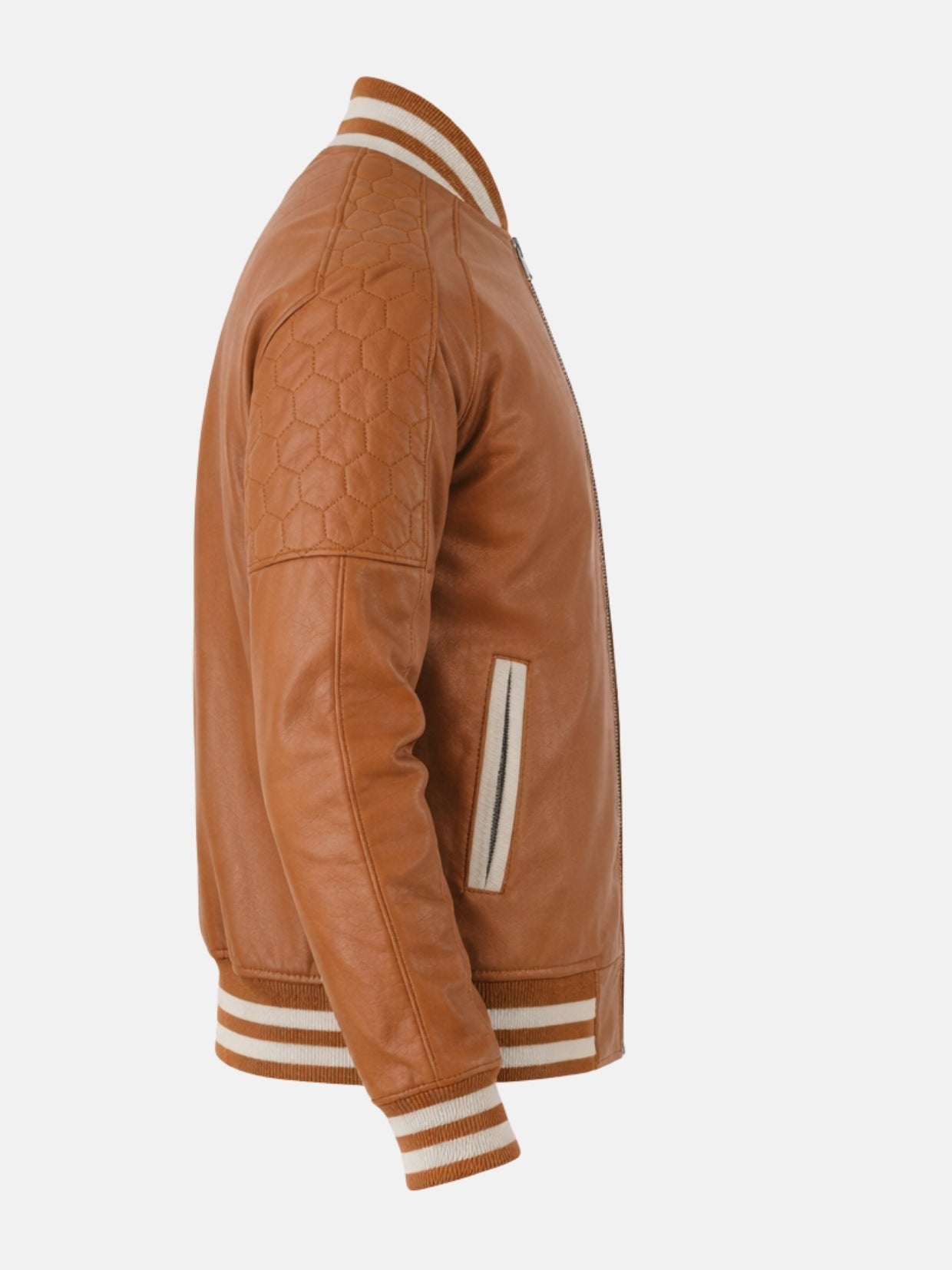 Tonal honeycomb quilting on shoulder of camel leather letterman jacket, side view