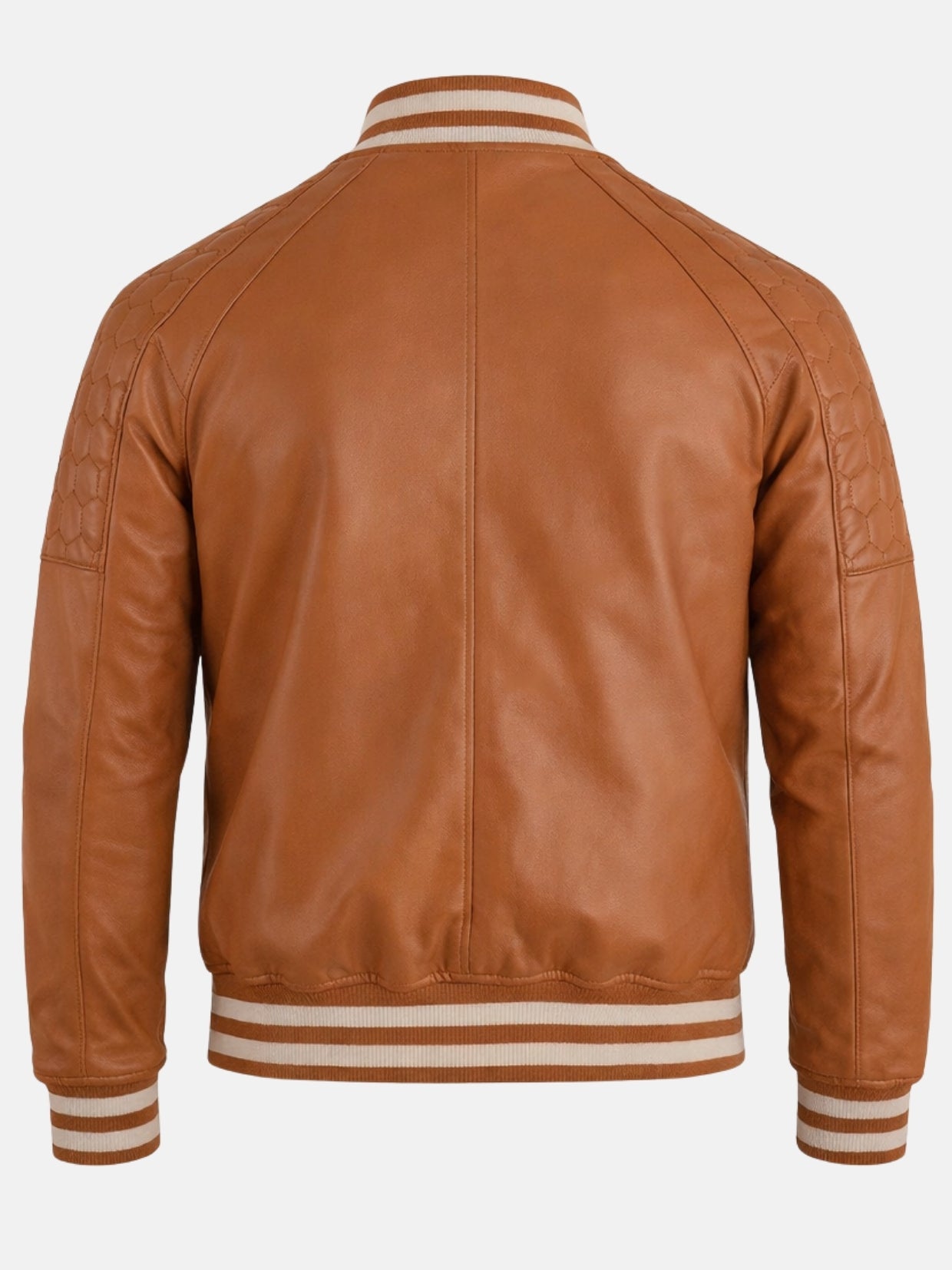 Back of camel leather letterman jacket with cream striped hem and cuffs