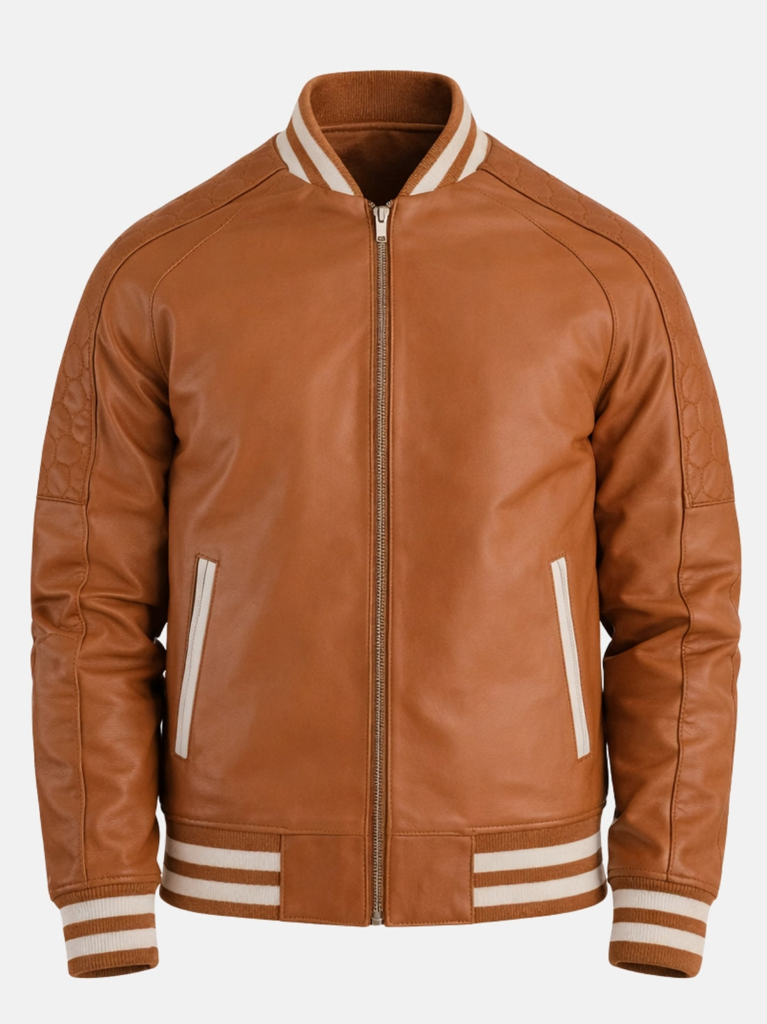 Man wearing camel leather letterman jacket with cream striped collar and zip front