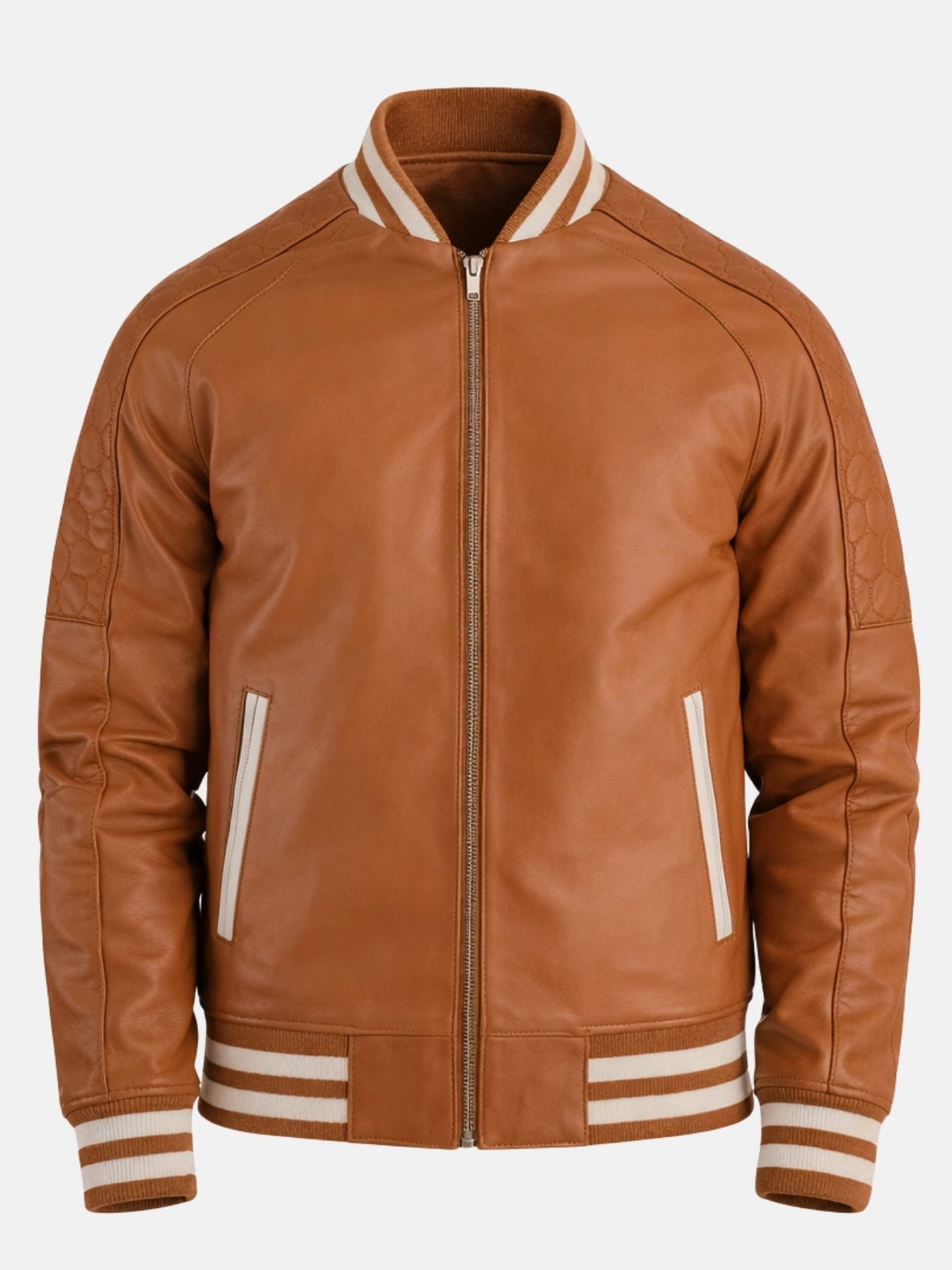 Camel leather letterman jacket with silver zip and cream piped pockets