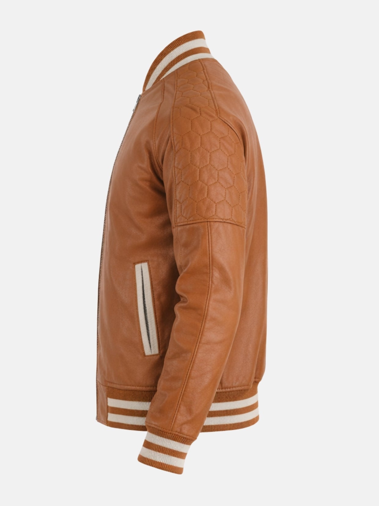Side profile of camel leather letterman jacket with cream welt pocket piping