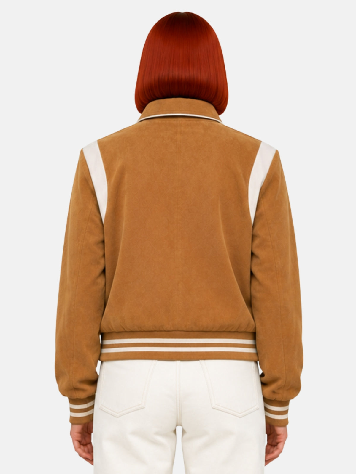 Back view of camel wool jacket showing the curved cream shoulder yoke