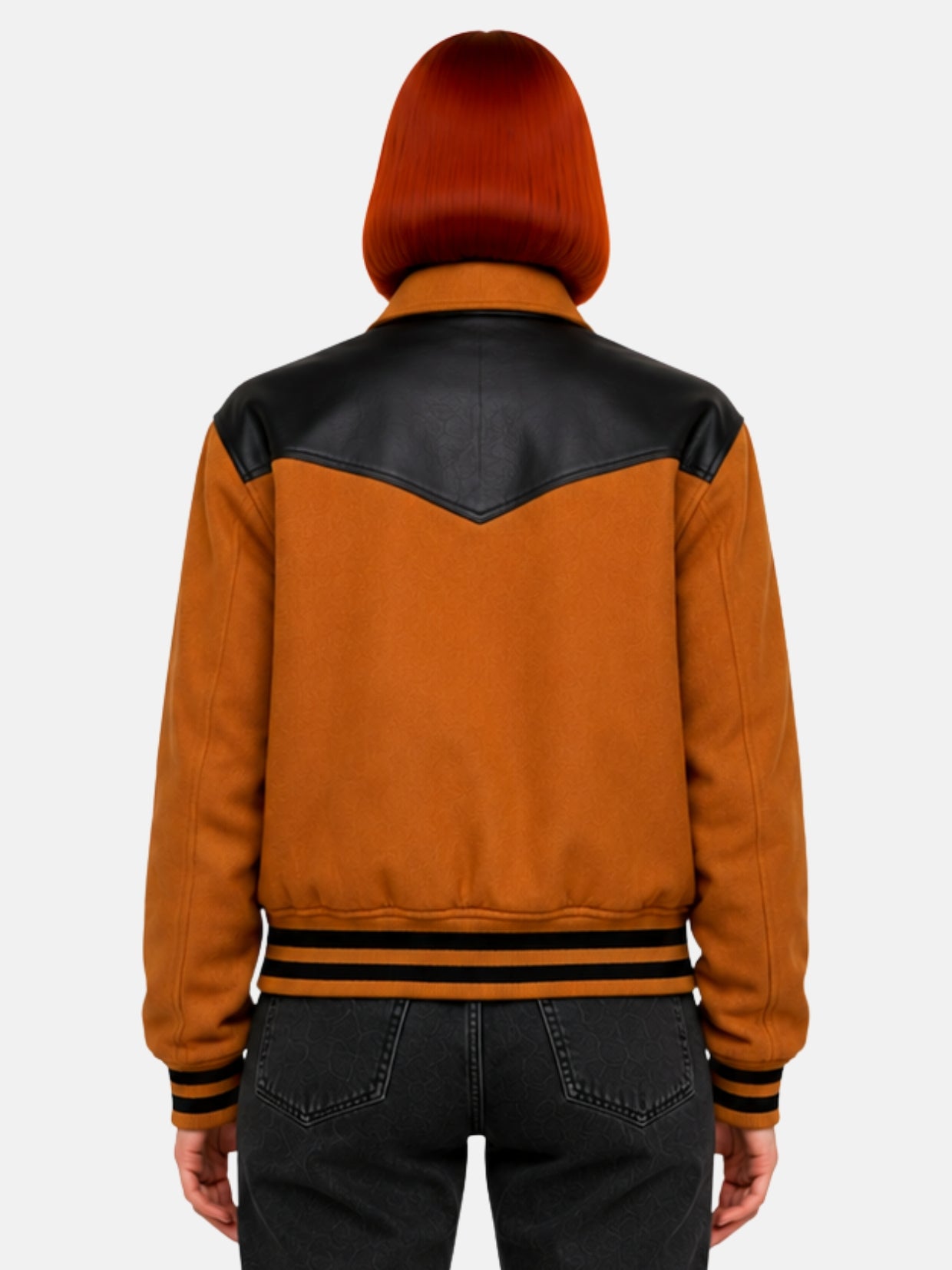 Back view of camel wool jacket showing the black leather V-yoke