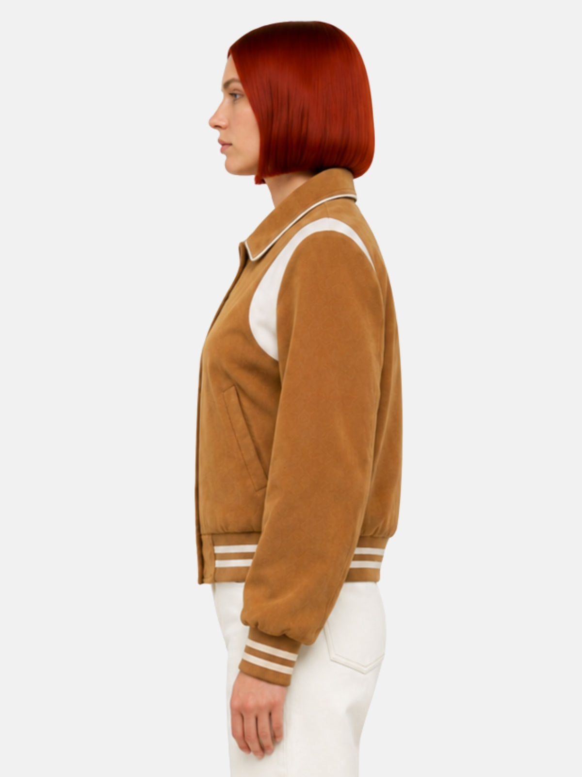 Side profile of camel wool jacket showing the pointed piped collar