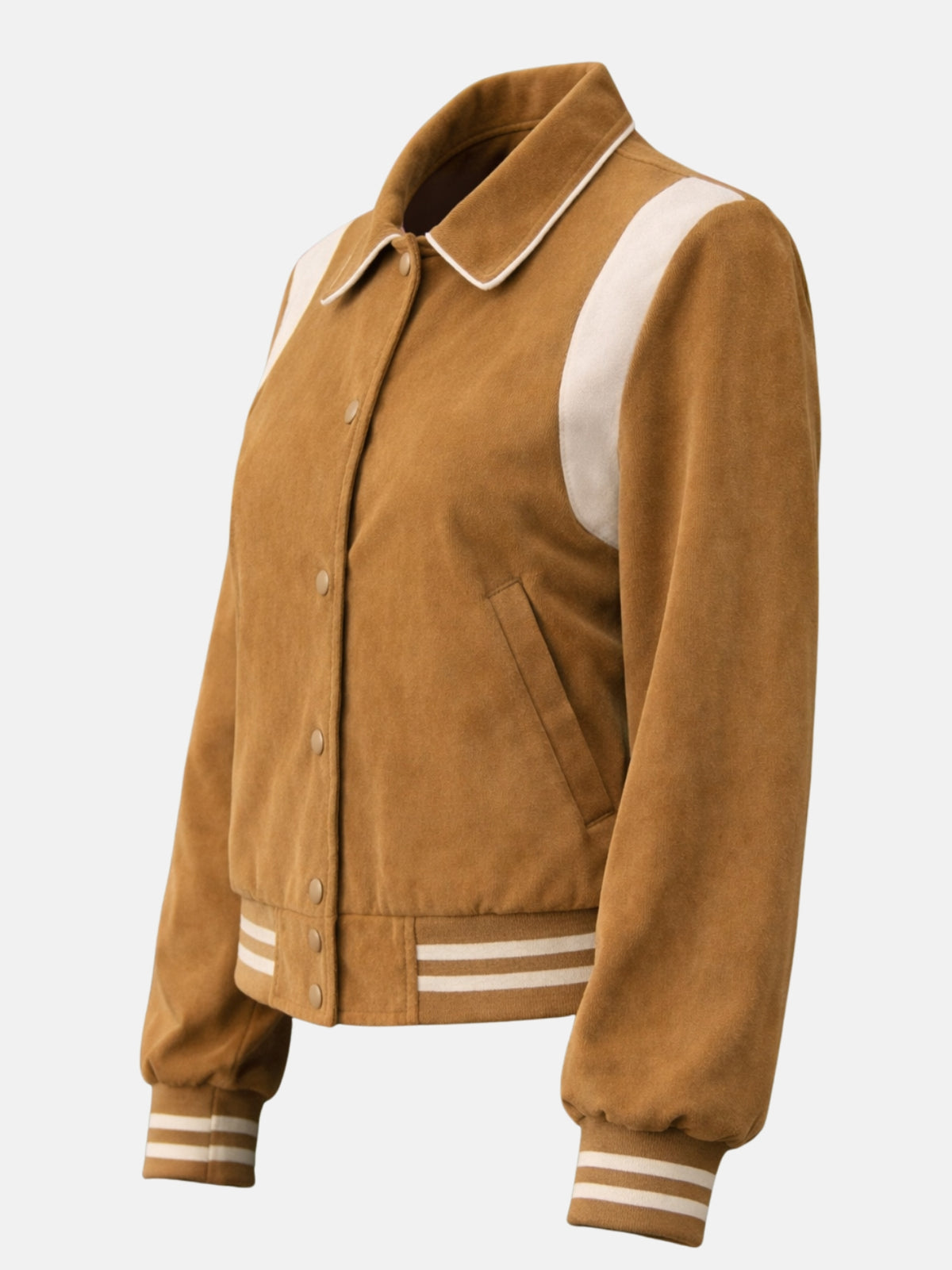 Angled flat lay of camel wool jacket showing collar piping and cuff stripe