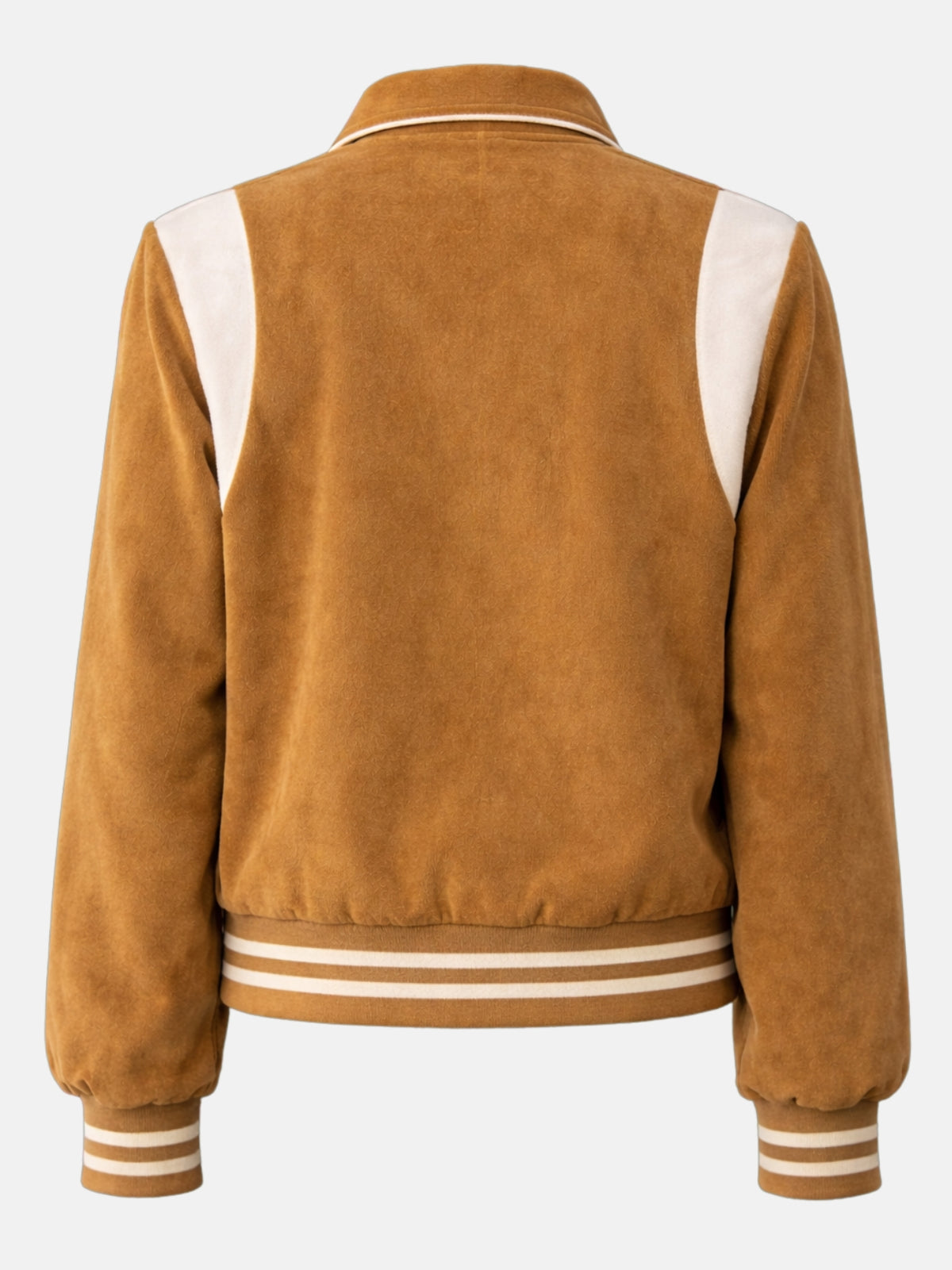 Flat lay back of camel wool jacket showing the curved shoulder panels