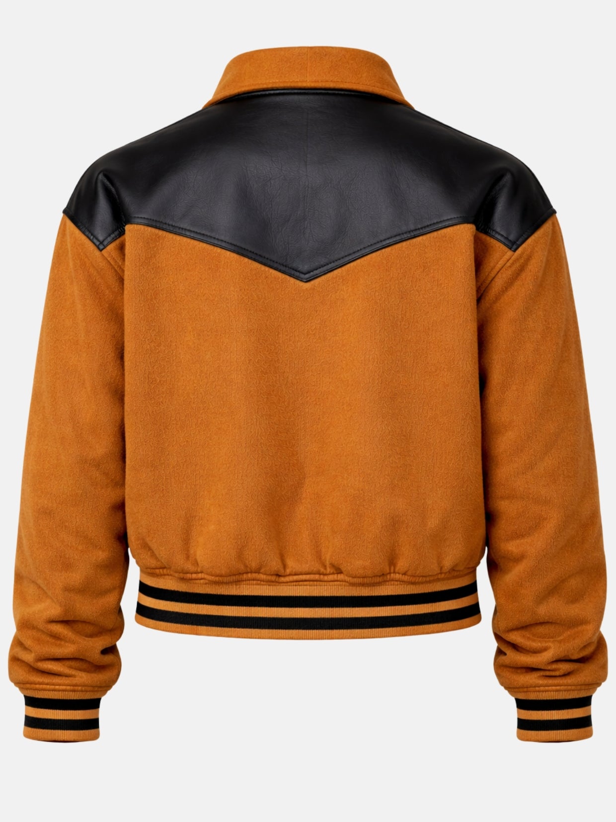 Flat lay back of camel wool jacket highlighting the western leather yoke