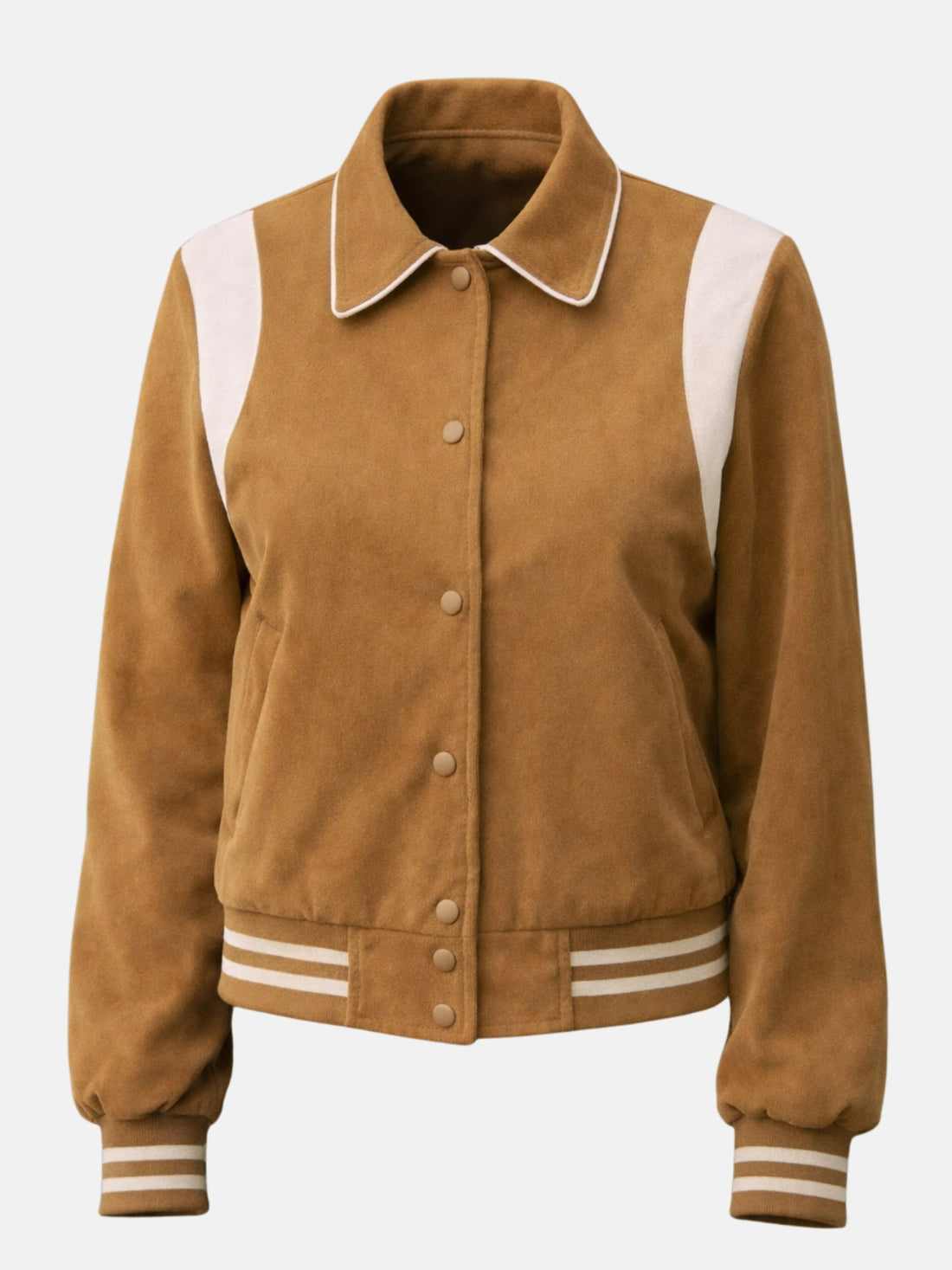 Camel wool letterman jacket with piped point collar on model