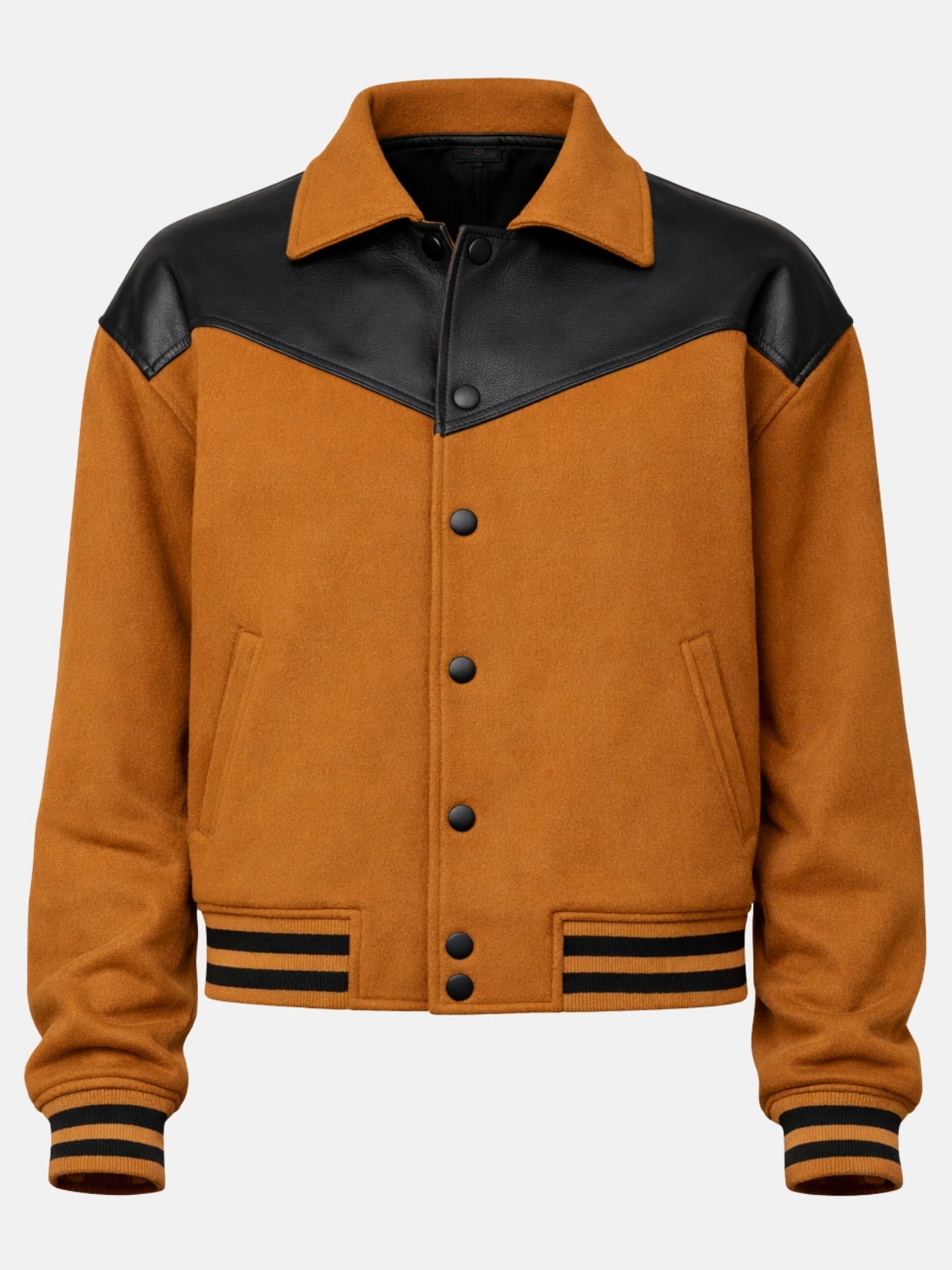 Flat lay of camel wool jacket with leather yoke and snap-button placket