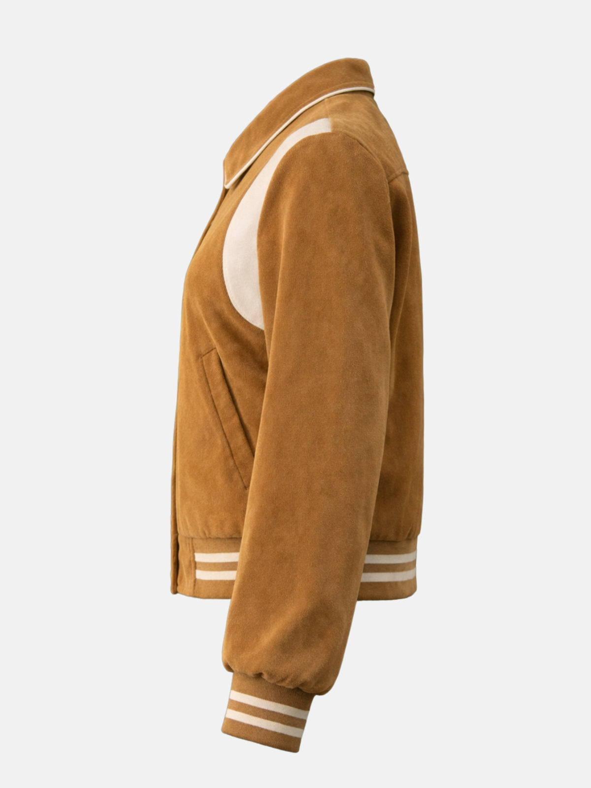 Flat lay side view of camel wool jacket highlighting the collar shape