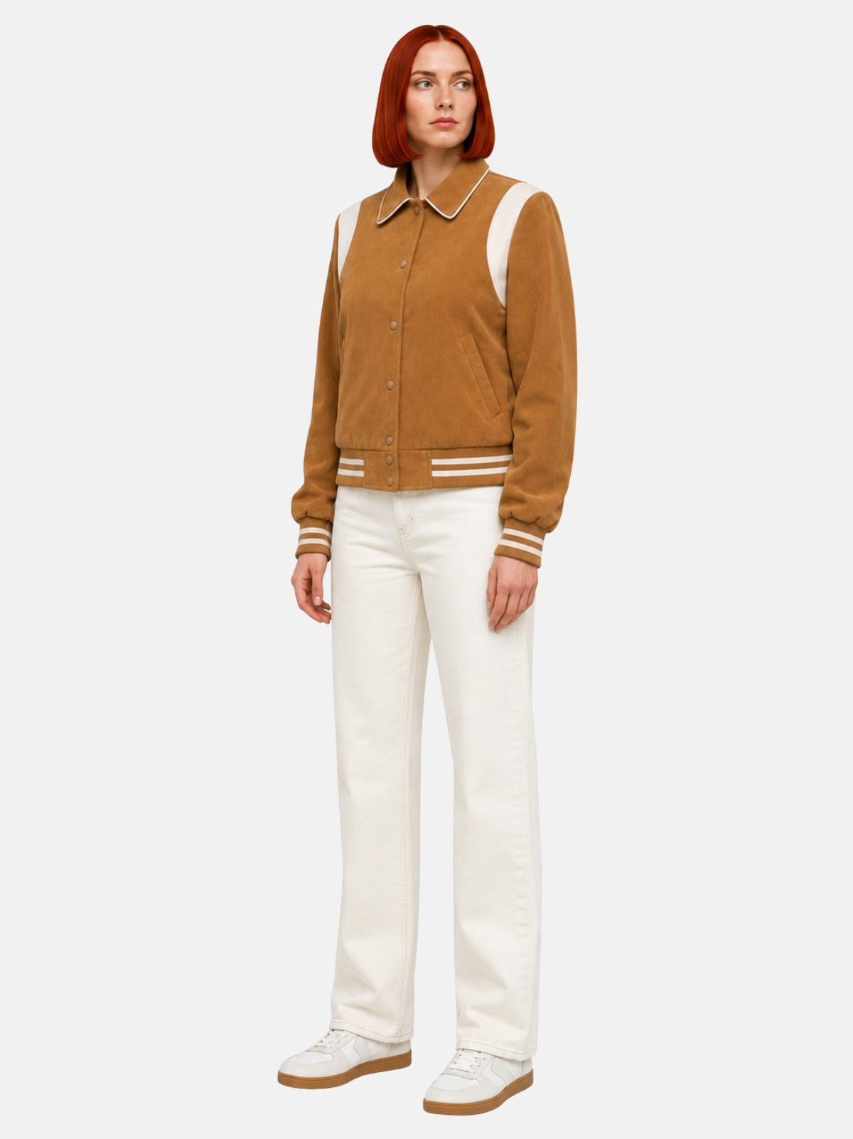 Full-length view of camel wool jacket with curved cream shoulder panels