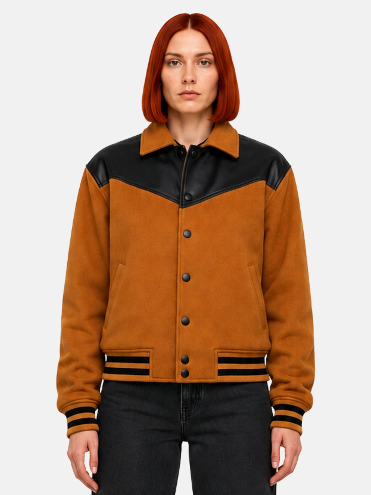 Camel wool letterman jacket with black leather western yoke on model
