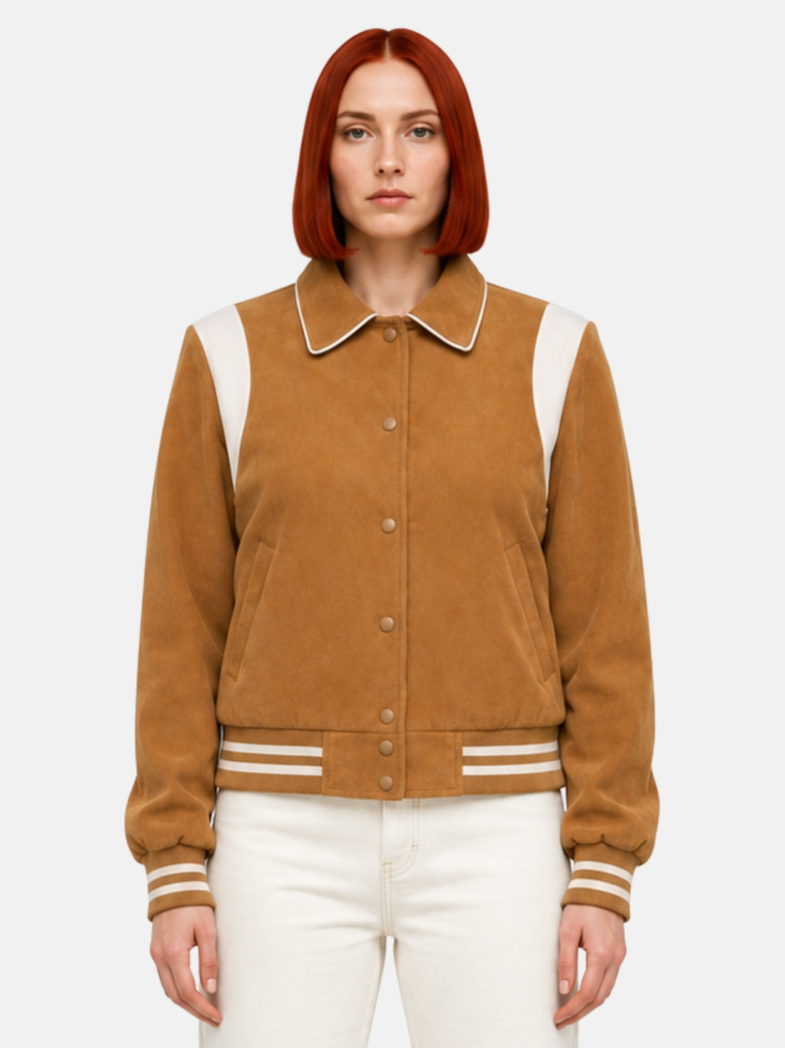 Camel wool letterman jacket with piped point collar on model