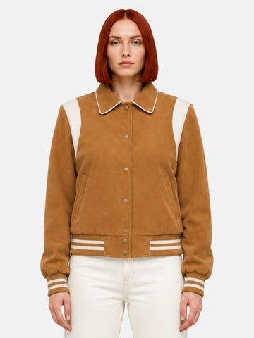 Camel wool letterman jacket with piped point collar on model