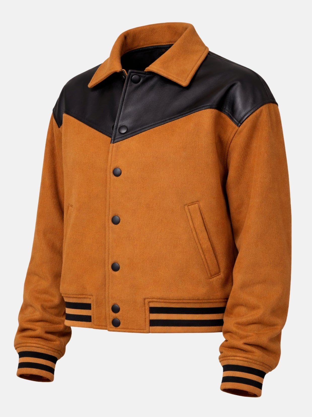 Angled flat lay of camel wool jacket showing pointed collar and leather yoke