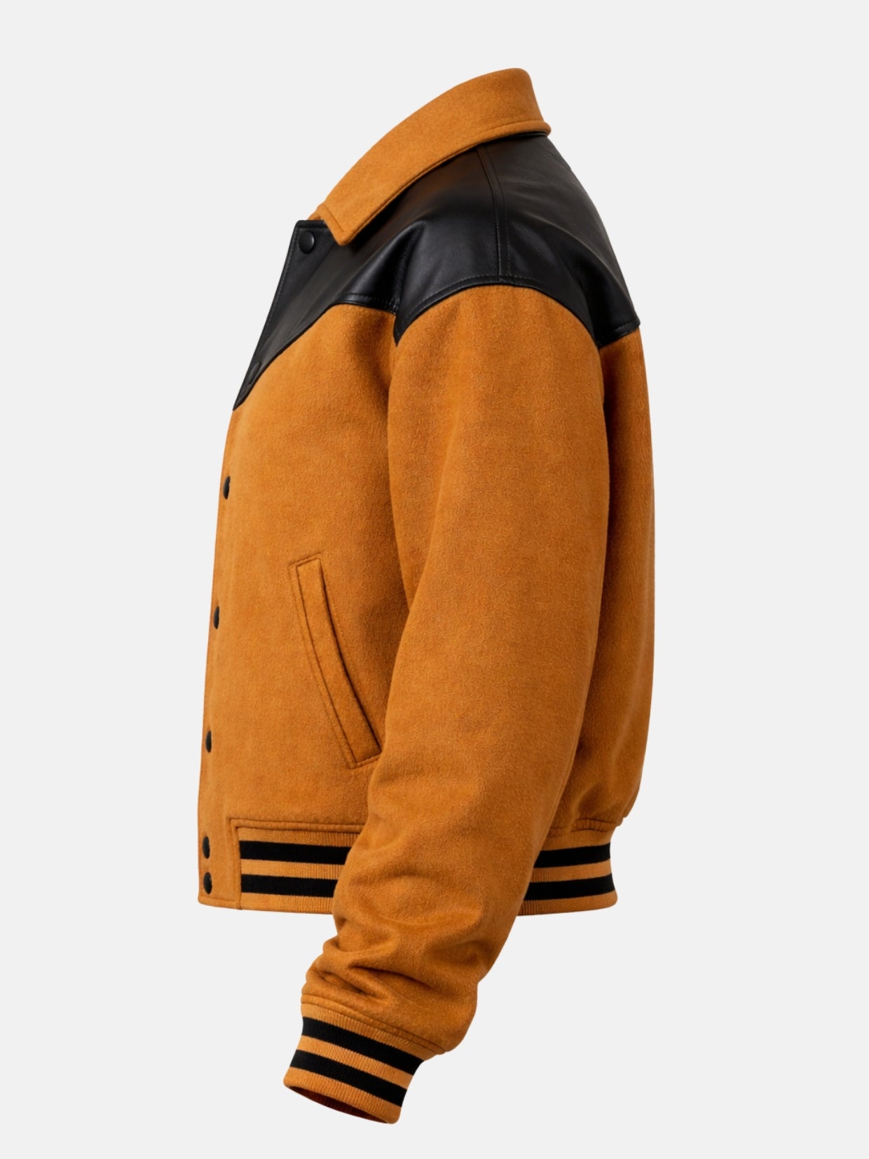 Flat lay side view of camel wool jacket showing the yoke and welt pocket