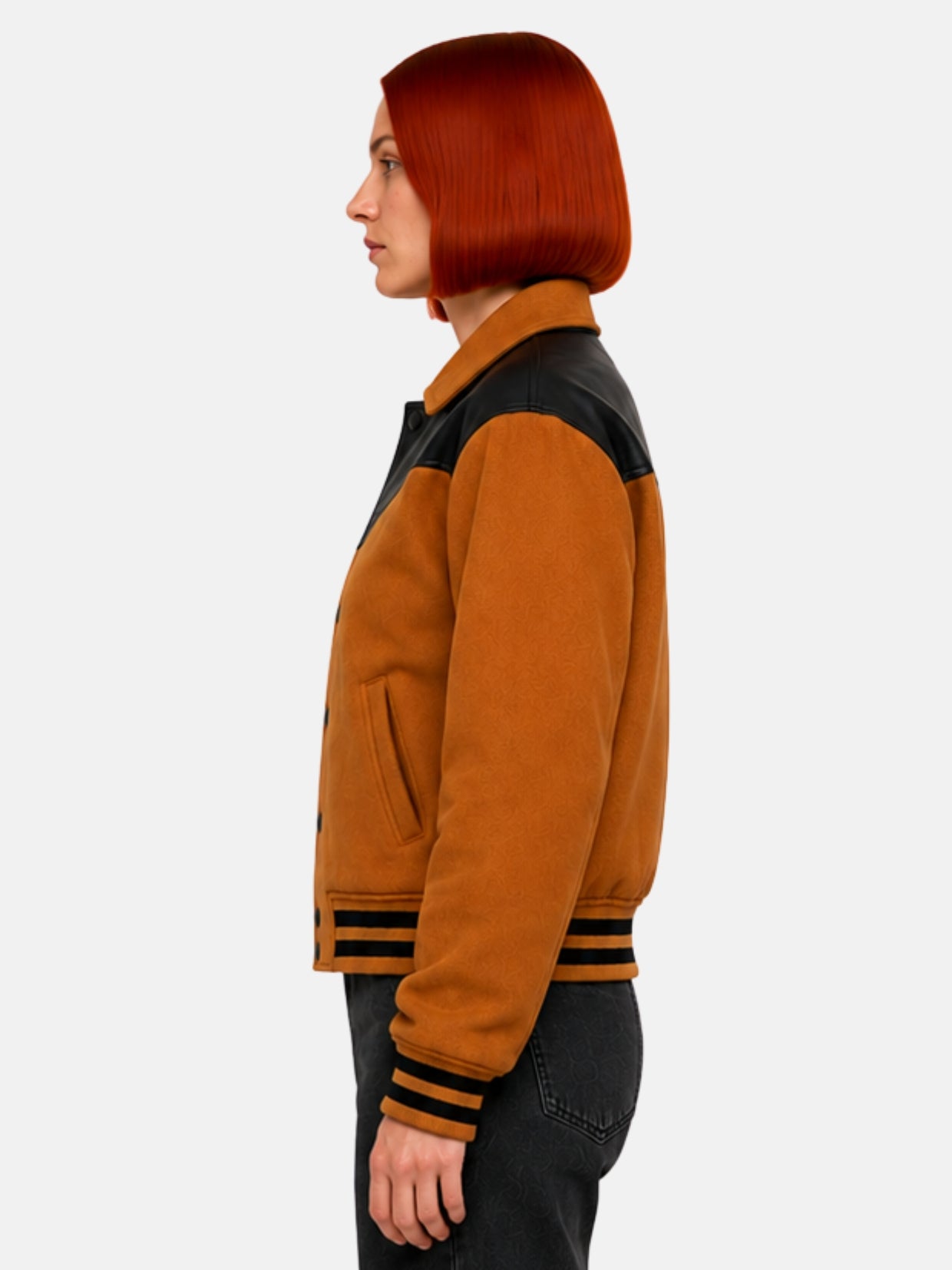 Side profile of camel wool jacket showing the leather yoke and pointed collar
