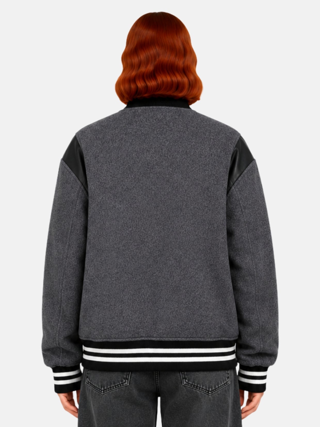 Back view of charcoal wool jacket with mirrored leather shoulder panels