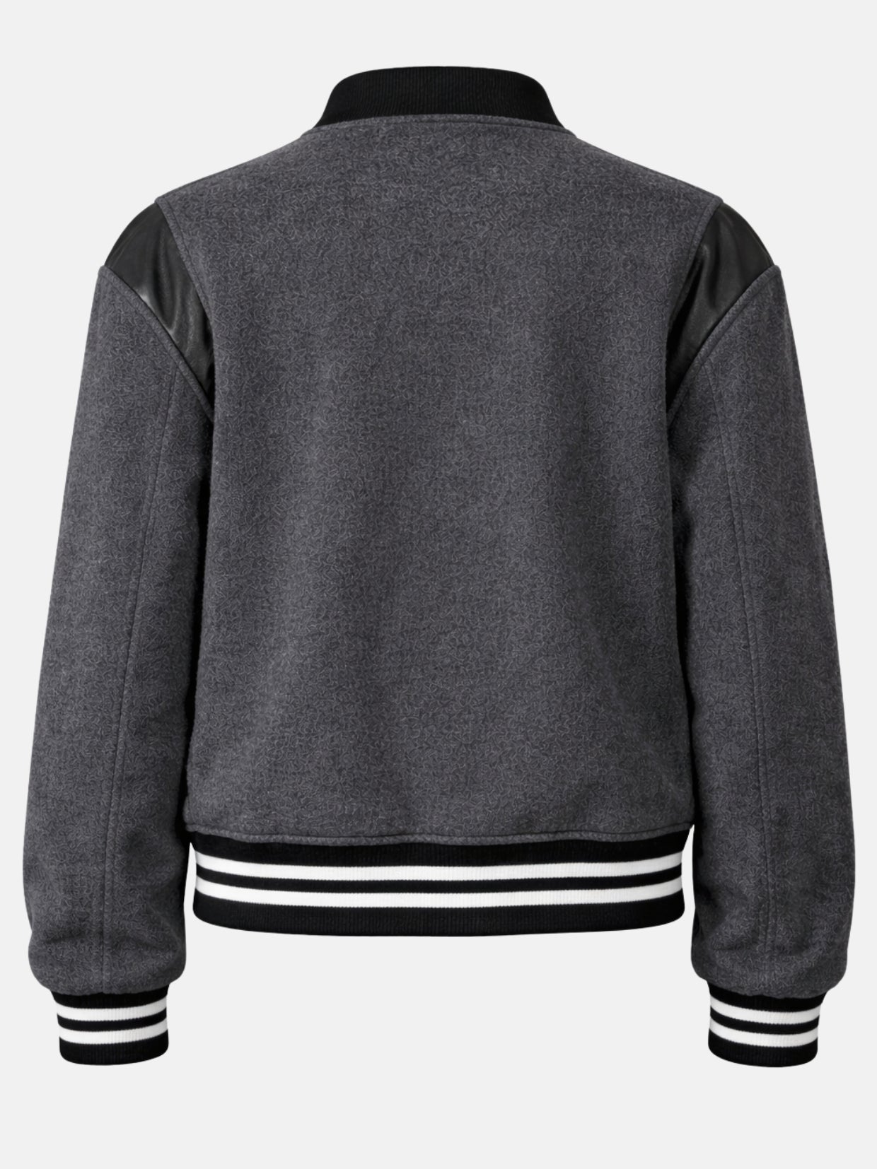 Flat lay back of charcoal wool jacket showing leather shoulder panels