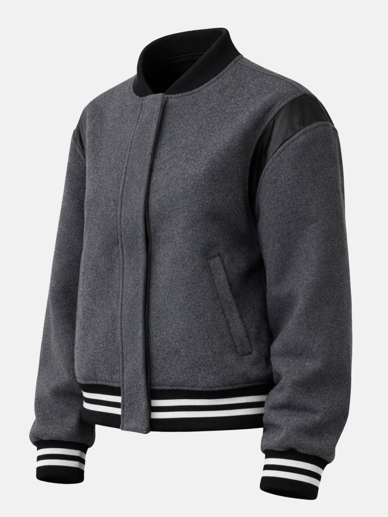Flat lay front of charcoal wool jacket highlighting the concealed placket