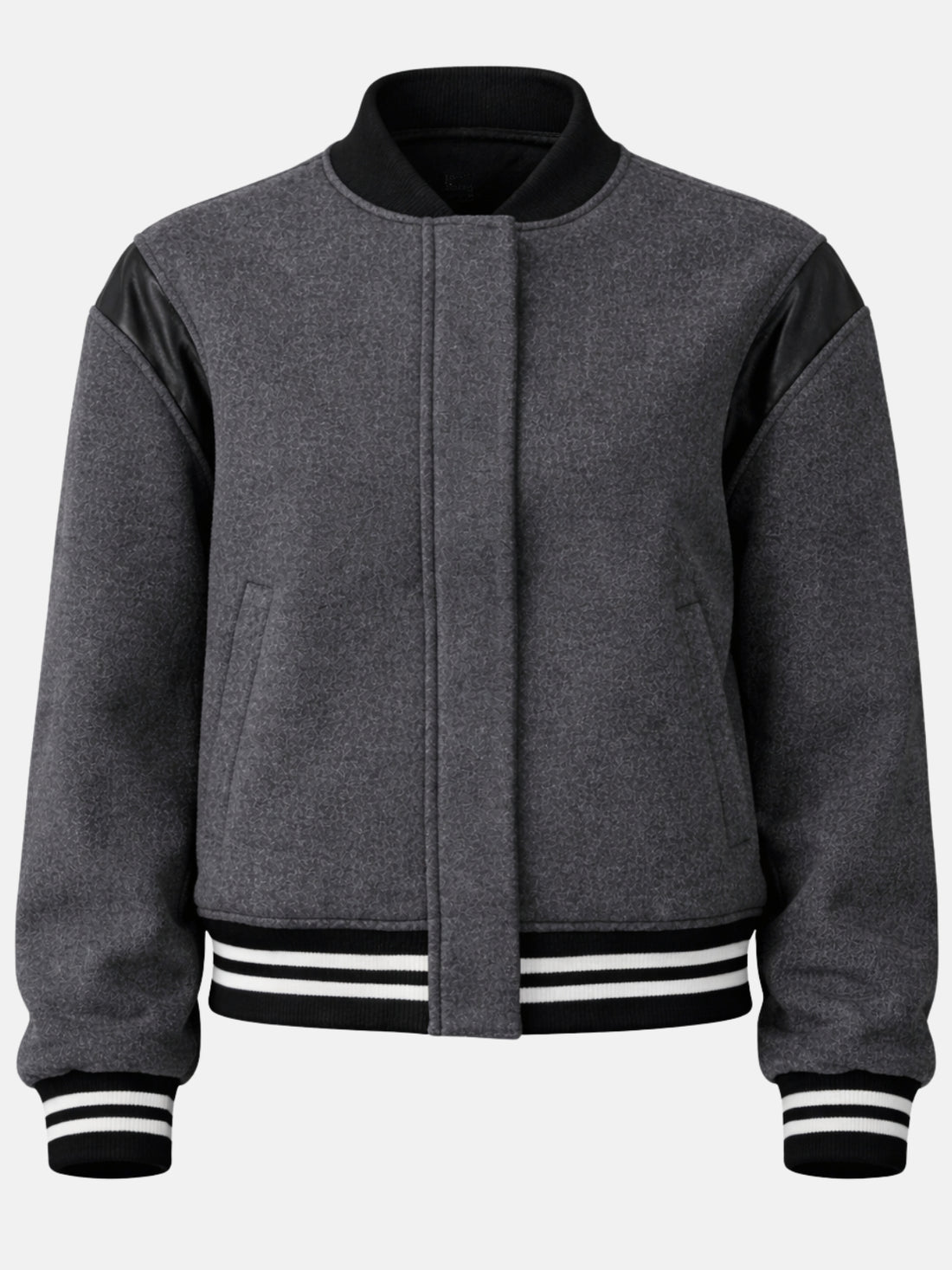 Charcoal wool jacket with black leather shoulder panel and concealed closure