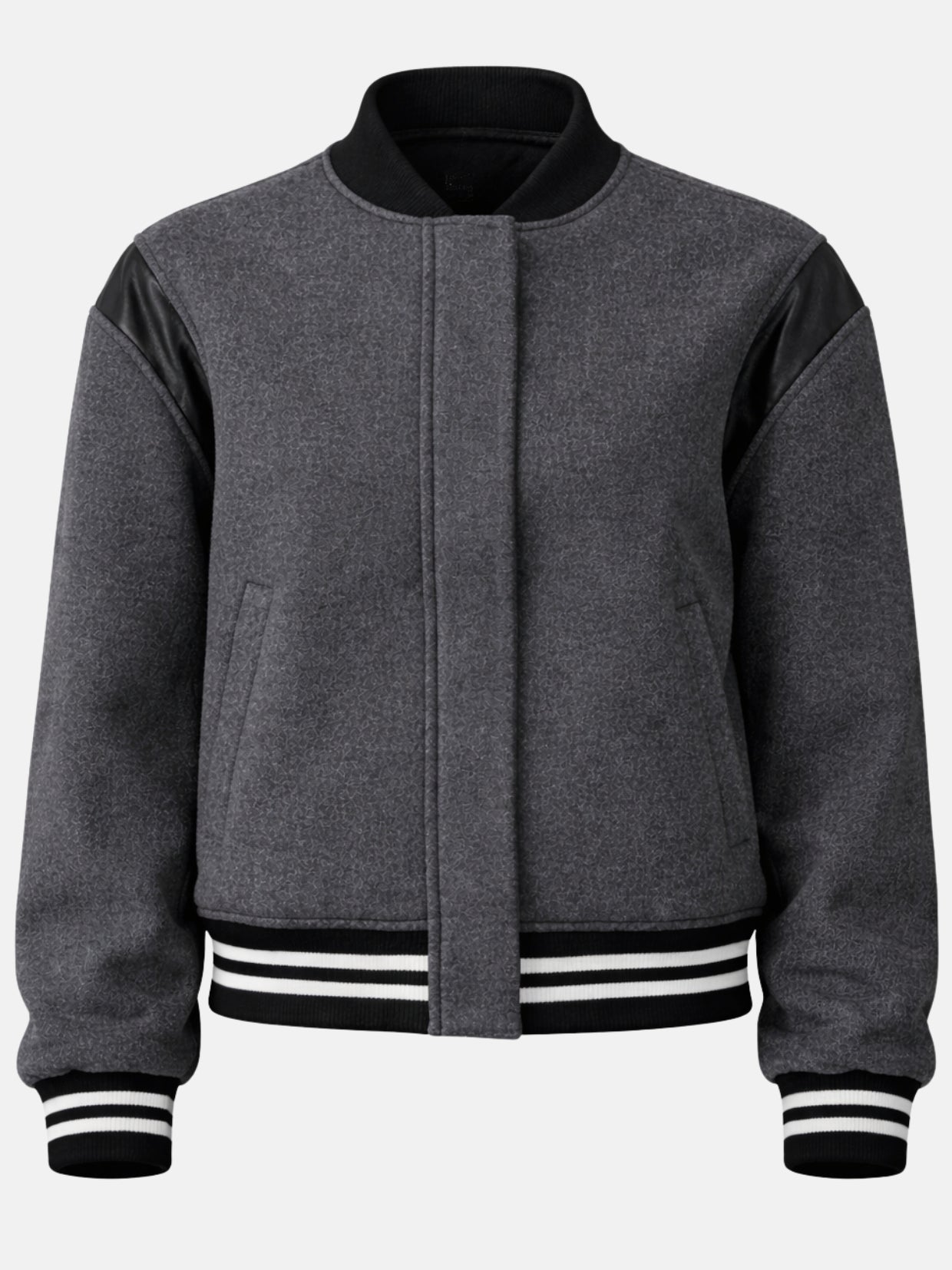 Flat lay front of charcoal wool jacket with leather shoulder and ribbed collar