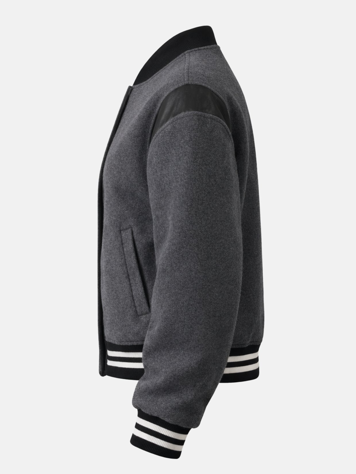 Flat lay side view of charcoal wool jacket with white double-stripe cuff