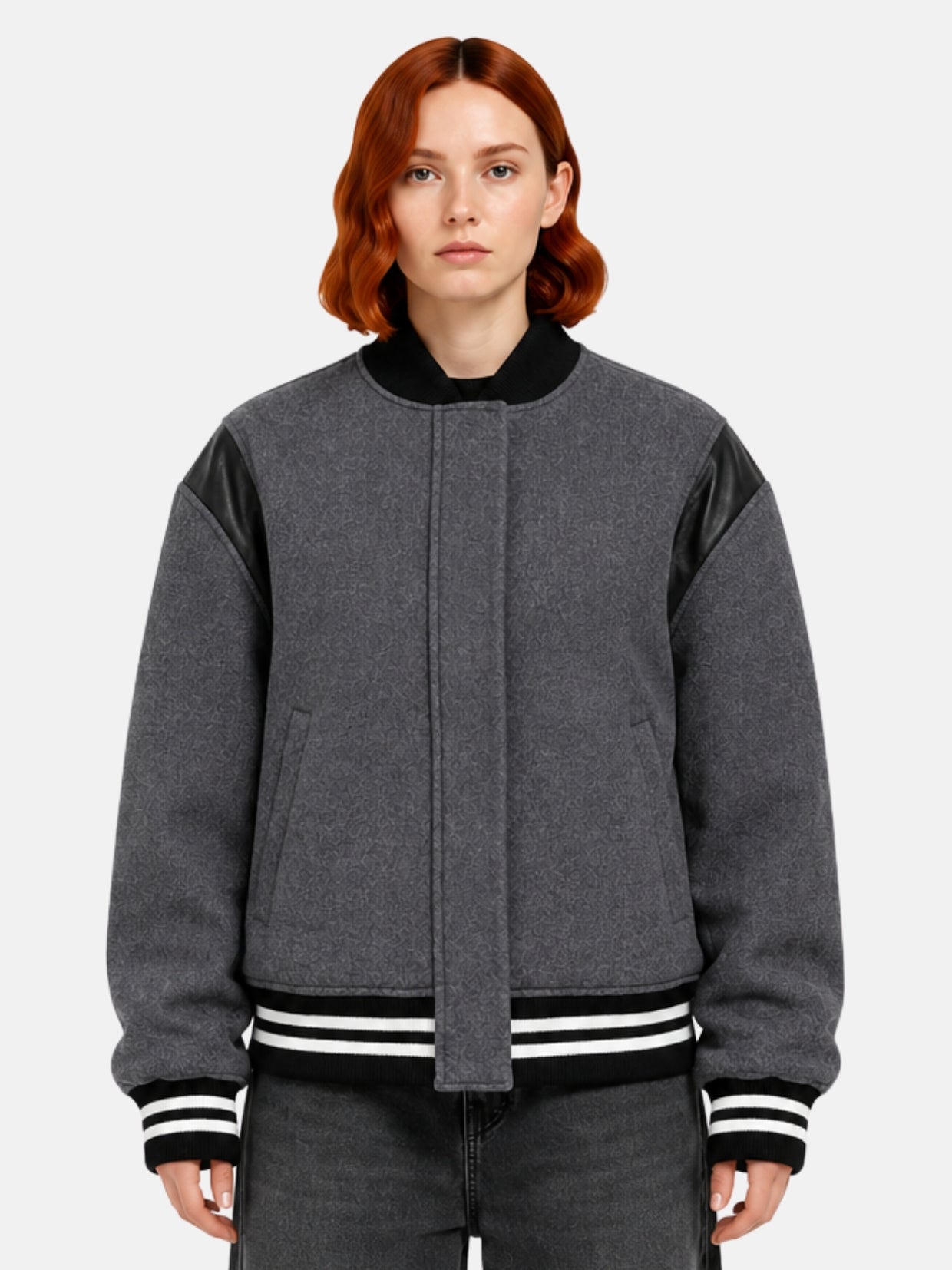 Charcoal wool jacket with black leather shoulder panel and concealed closure