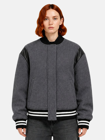 Charcoal wool jacket with black leather shoulder panel and concealed closure