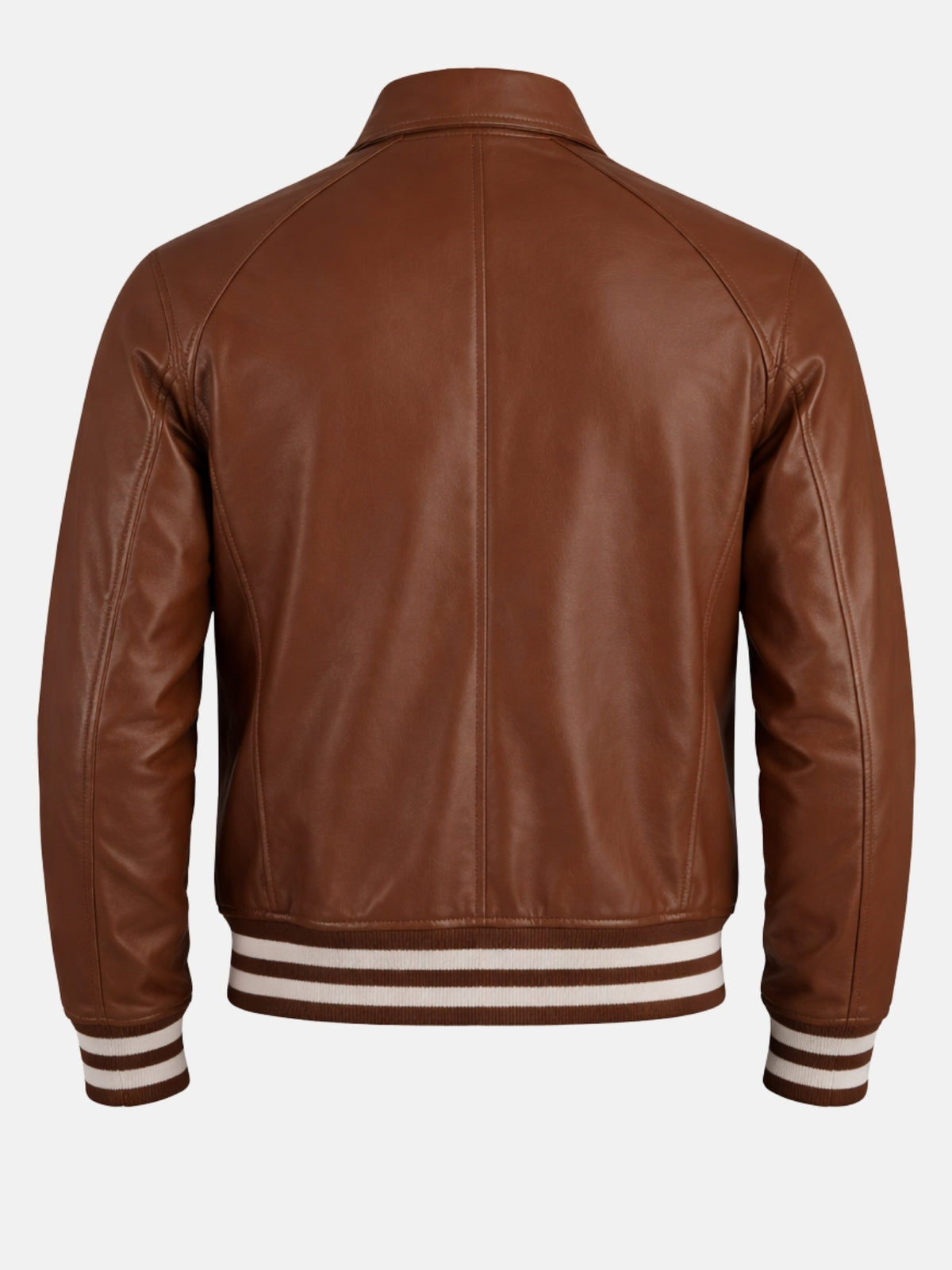 Back of chestnut brown leather varsity jacket with center seam and striped hem