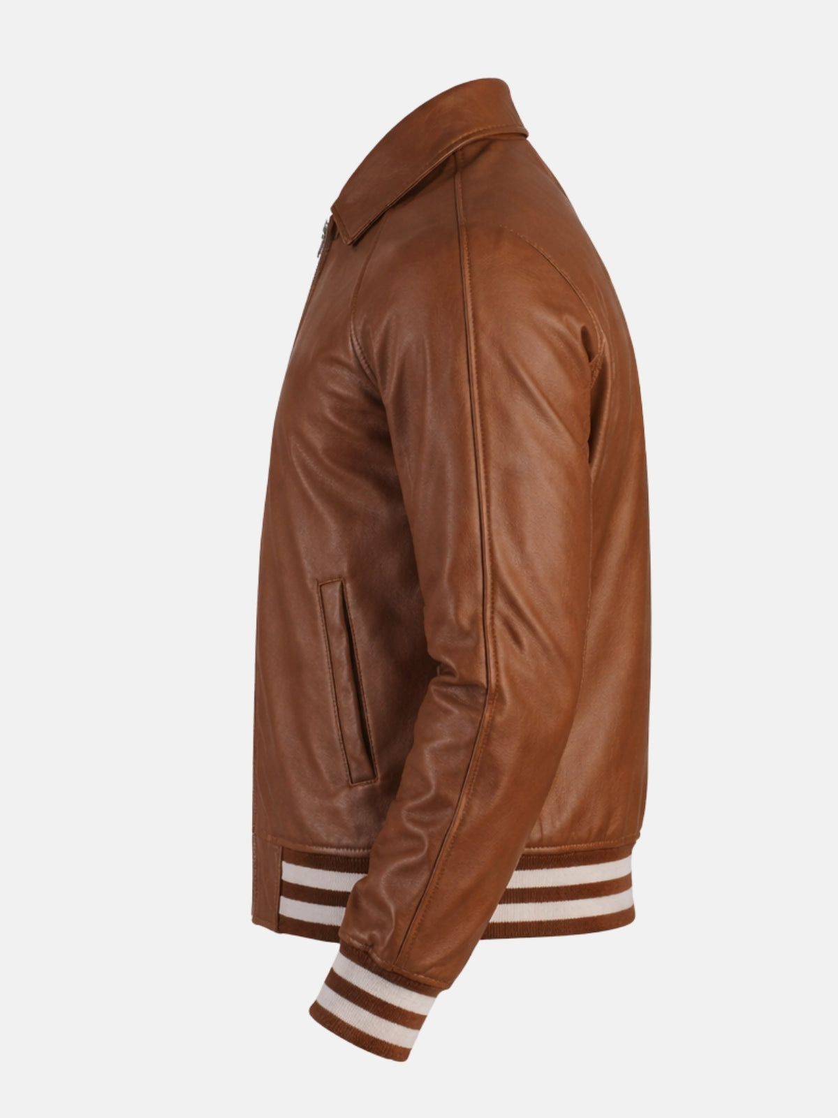 Side profile of chestnut leather varsity jacket with fold-down collar