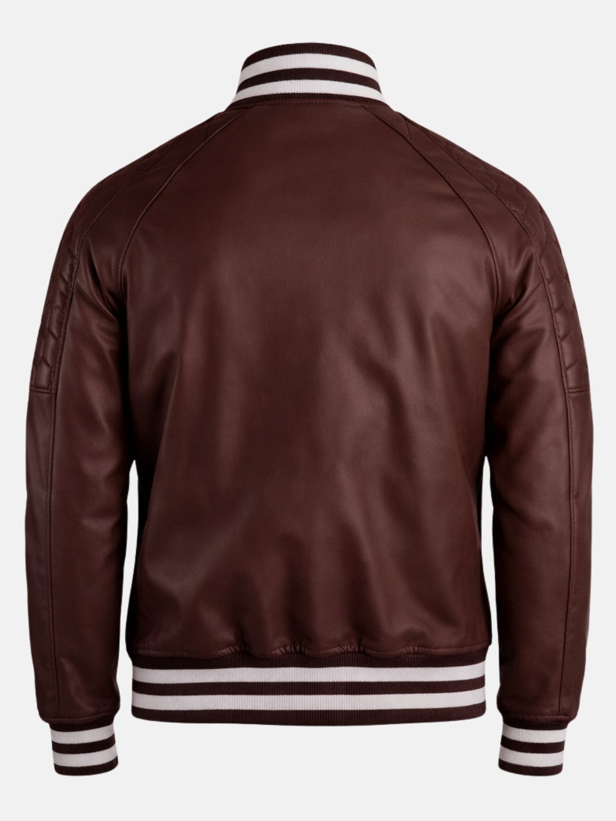 Maroon leather varsity jacket with zip front and ribbed trim, back view