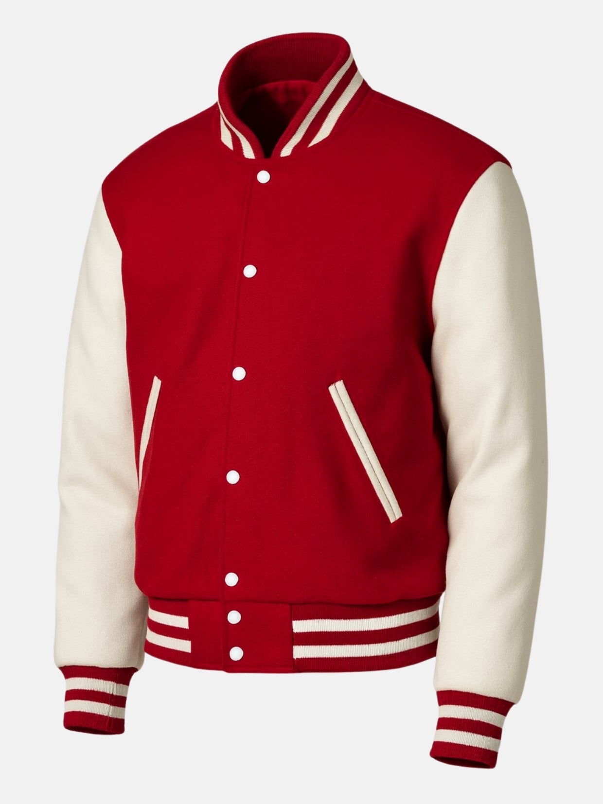 Angled front view of classic red varsity jacket with snap placket and hem tab