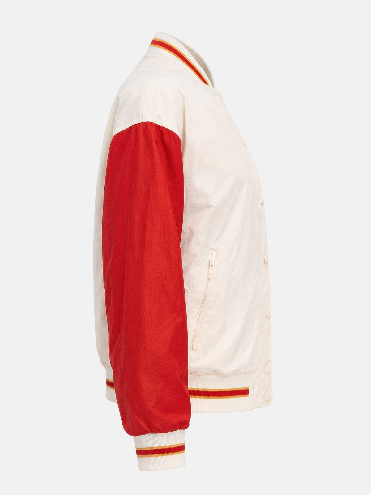 Women’s cotton varsity jacket with red sleeves, snap front closure, ribbed trim, right view