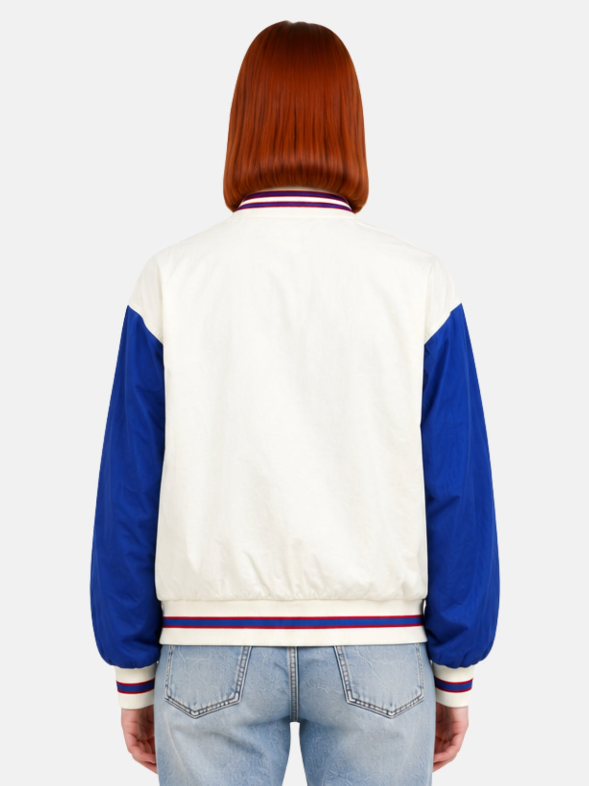Back view of cream windbreaker jacket with blue sleeves and ribbed collar