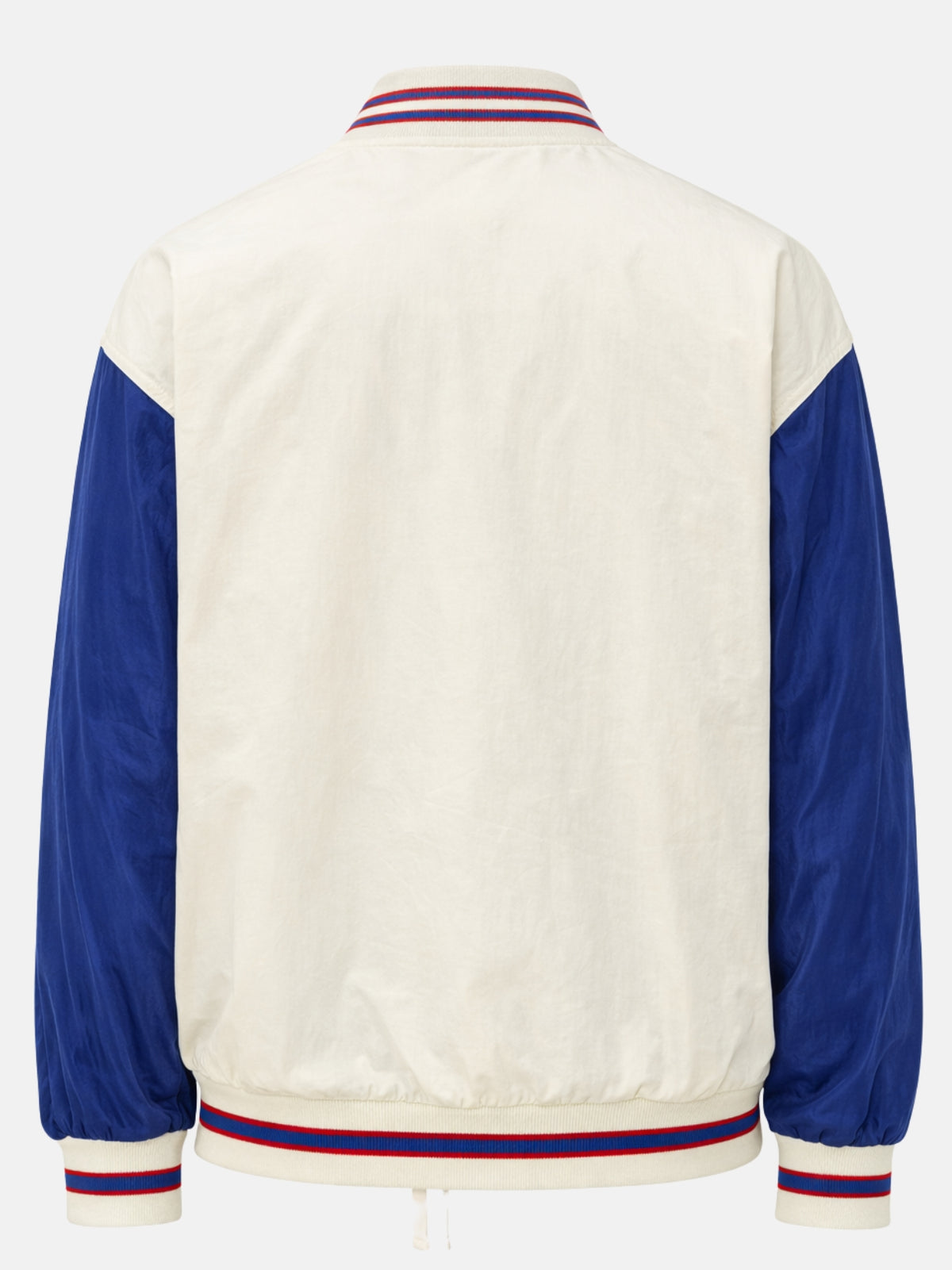 Flat lay back of cream and blue windbreaker jacket showing raglan seam