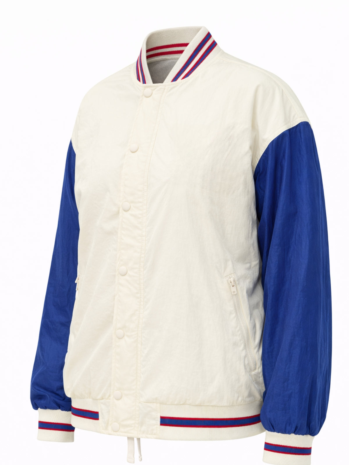 Flat lay front of cream windbreaker jacket highlighting multi-stripe collar