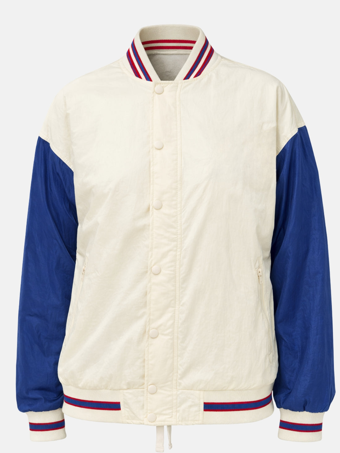 Cream windbreaker varsity jacket with blue sleeves and multi-stripe collar