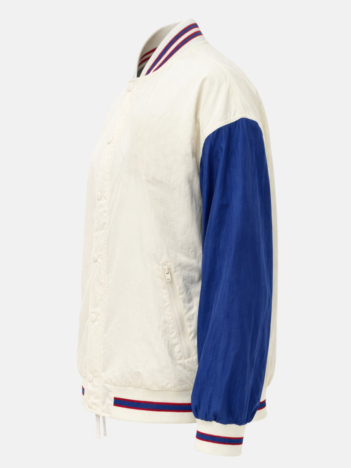 Flat lay side view of cream windbreaker jacket with zippered pocket detail