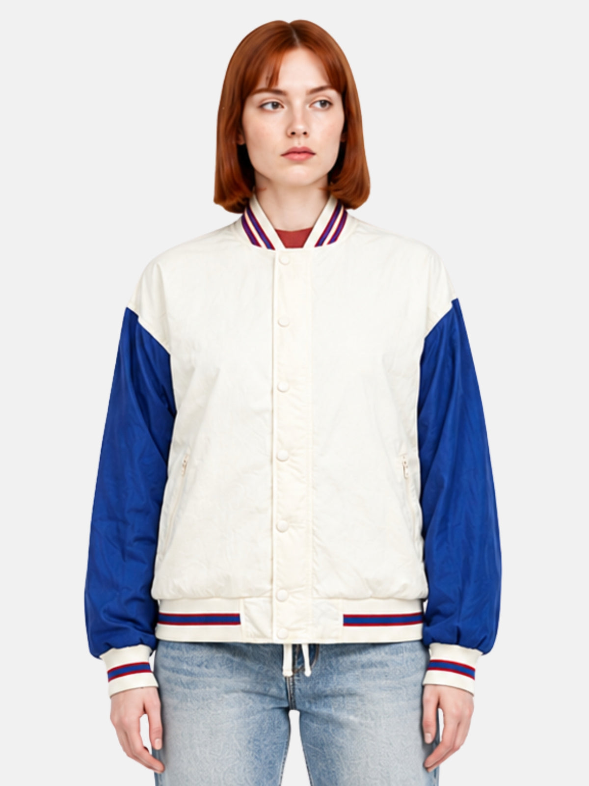 Cream windbreaker varsity jacket with blue sleeves and multi-stripe collar