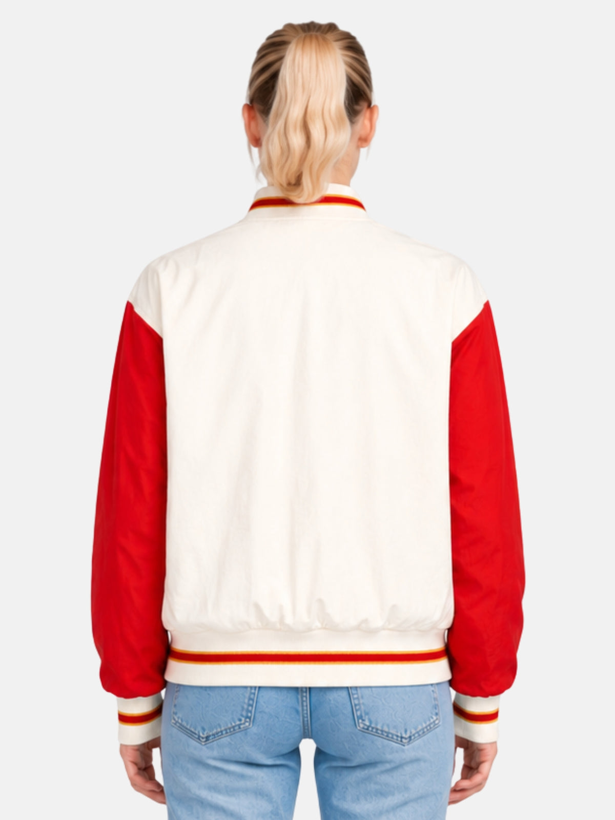 Back view of cream and red windbreaker jacket with ribbed waistband