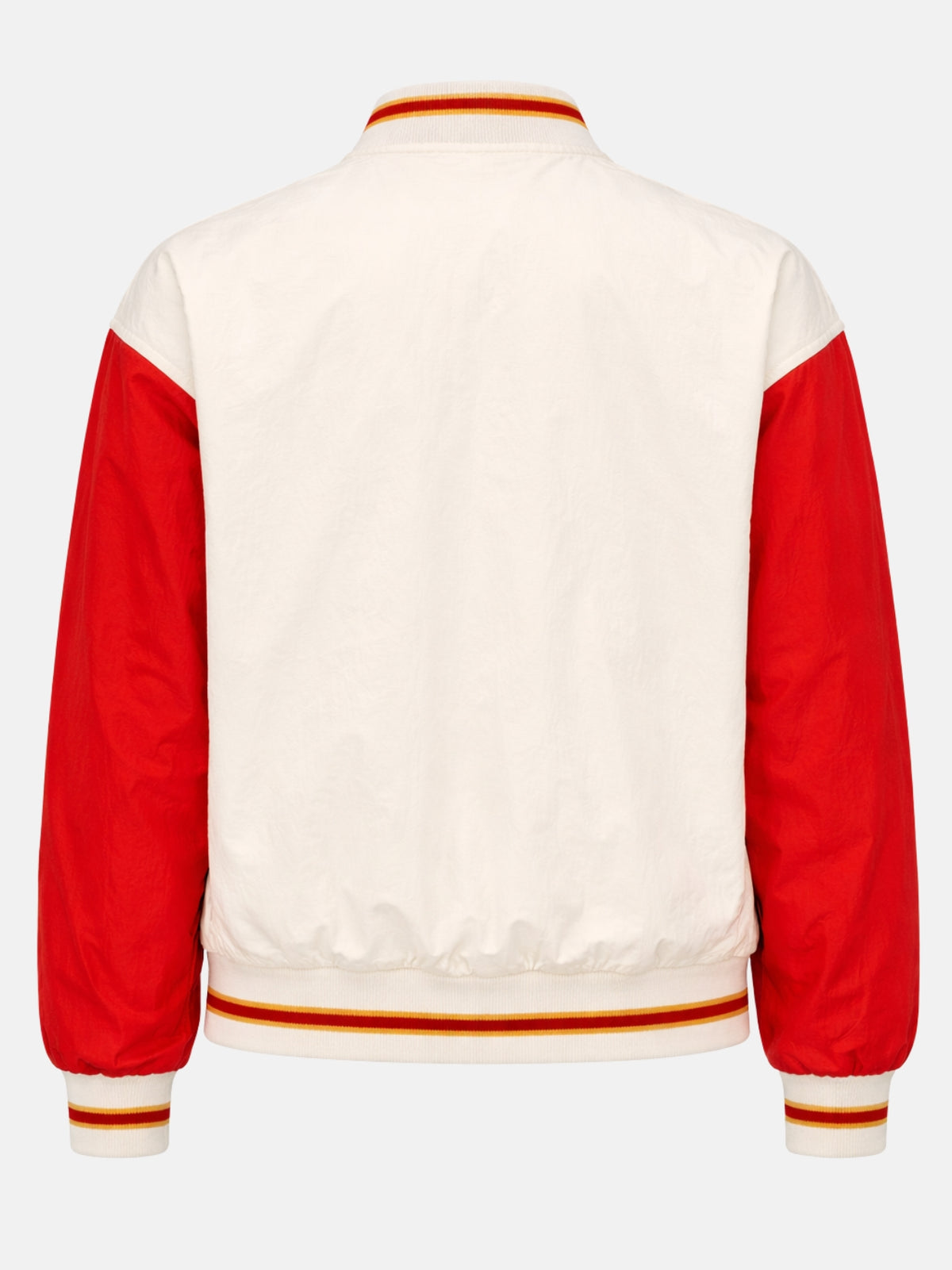 Flat lay back of cream and red windbreaker jacket showing raglan seam