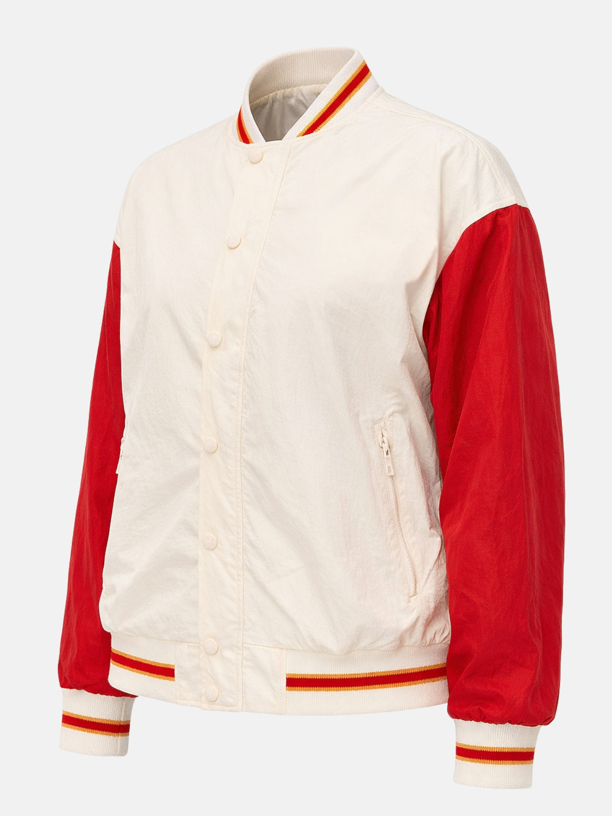 Flat lay front of cream windbreaker jacket highlighting striped collar