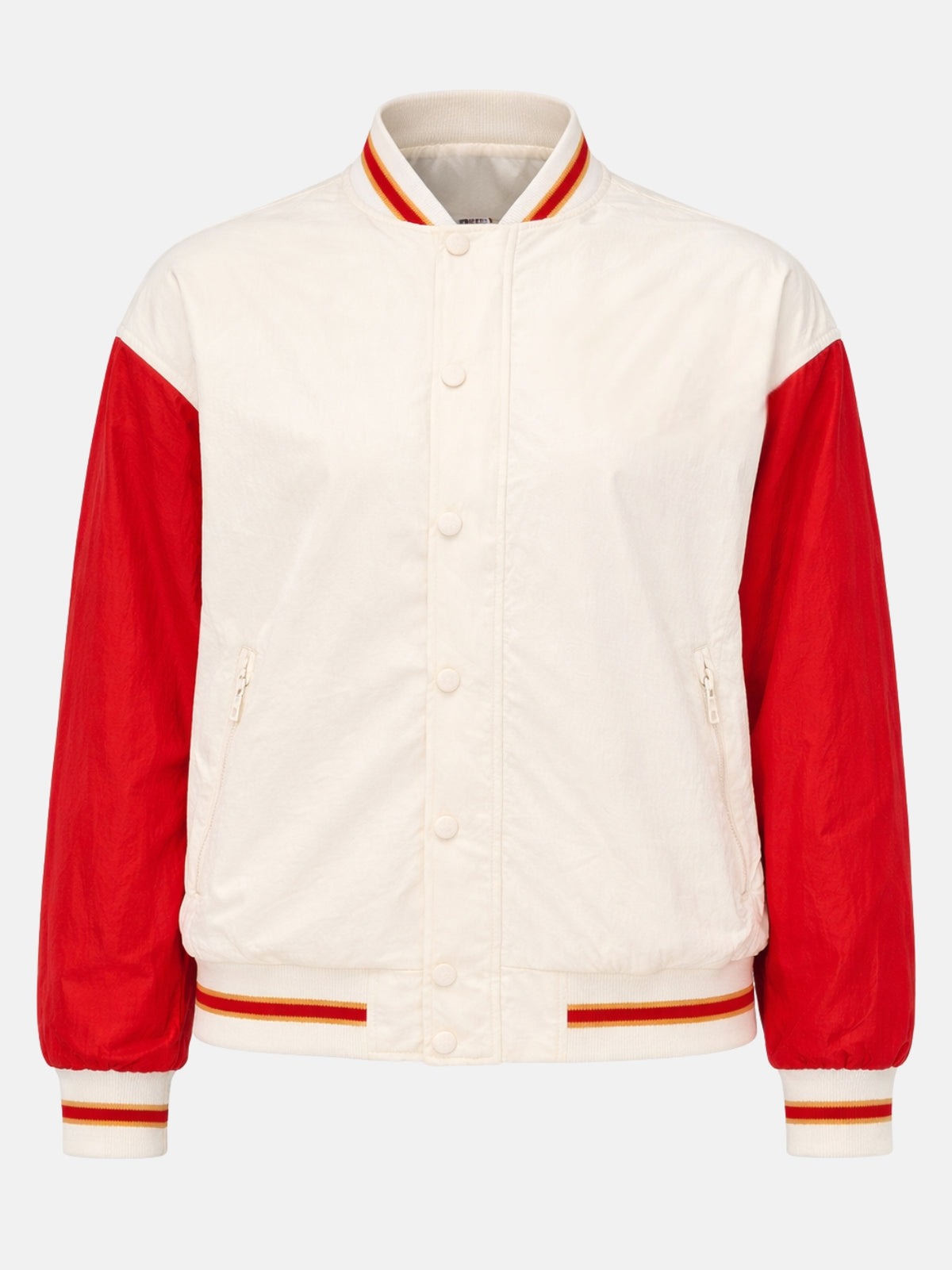 Flat lay front of cream windbreaker jacket with red sleeves and zip pockets