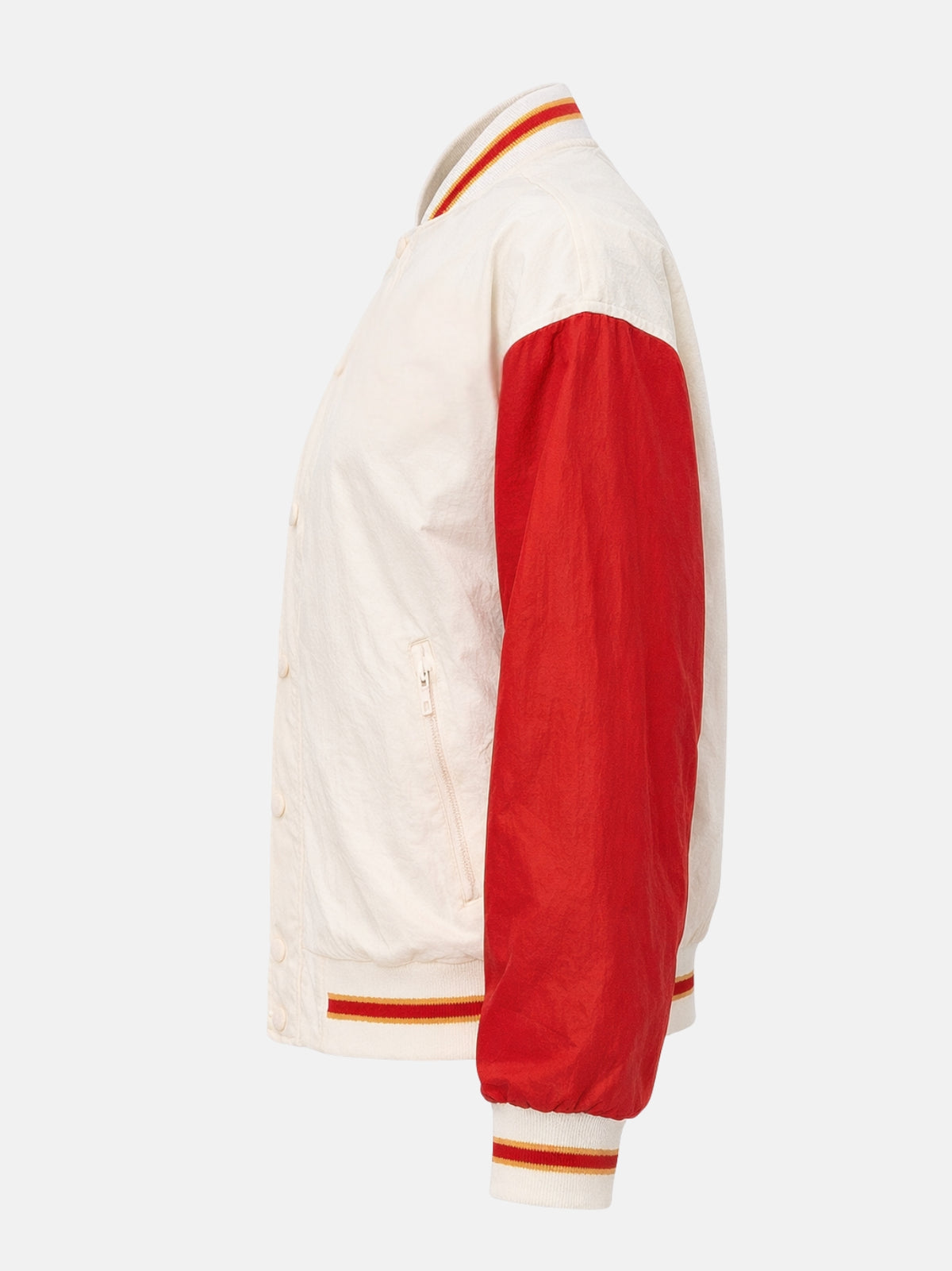 Flat lay side view of cream windbreaker jacket with zippered pocket detail