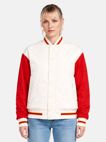 Cream and red windbreaker varsity jacket with striped ribbed collar