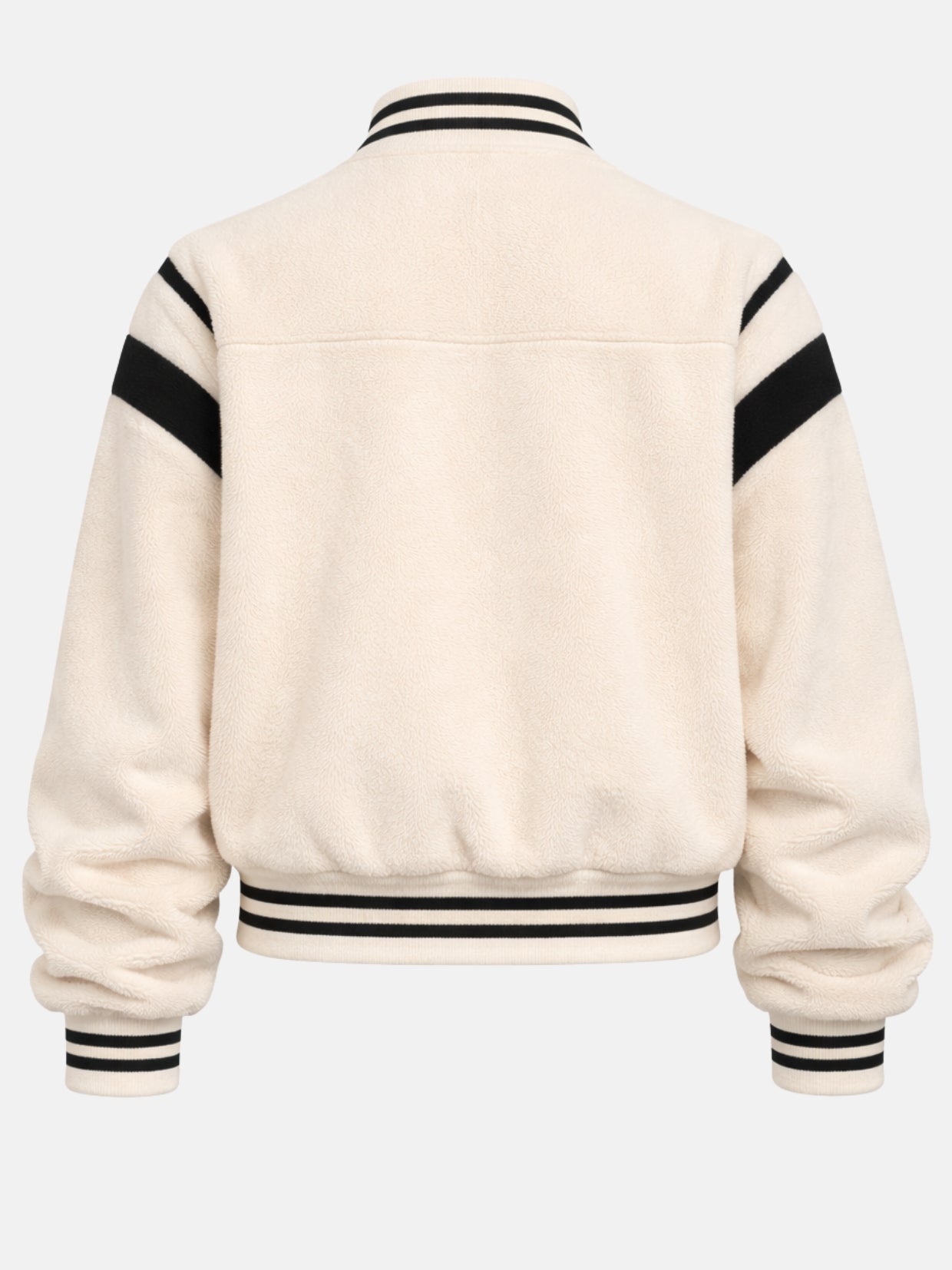 Flat lay back of cream sherpa letterman jacket showing sleeve stripes and yoke seam