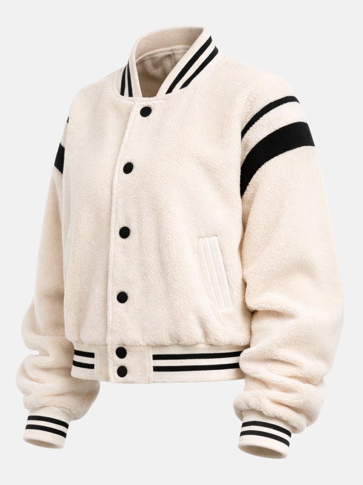 Flat lay front of cream sherpa fleece jacket highlighting snap closure and pockets